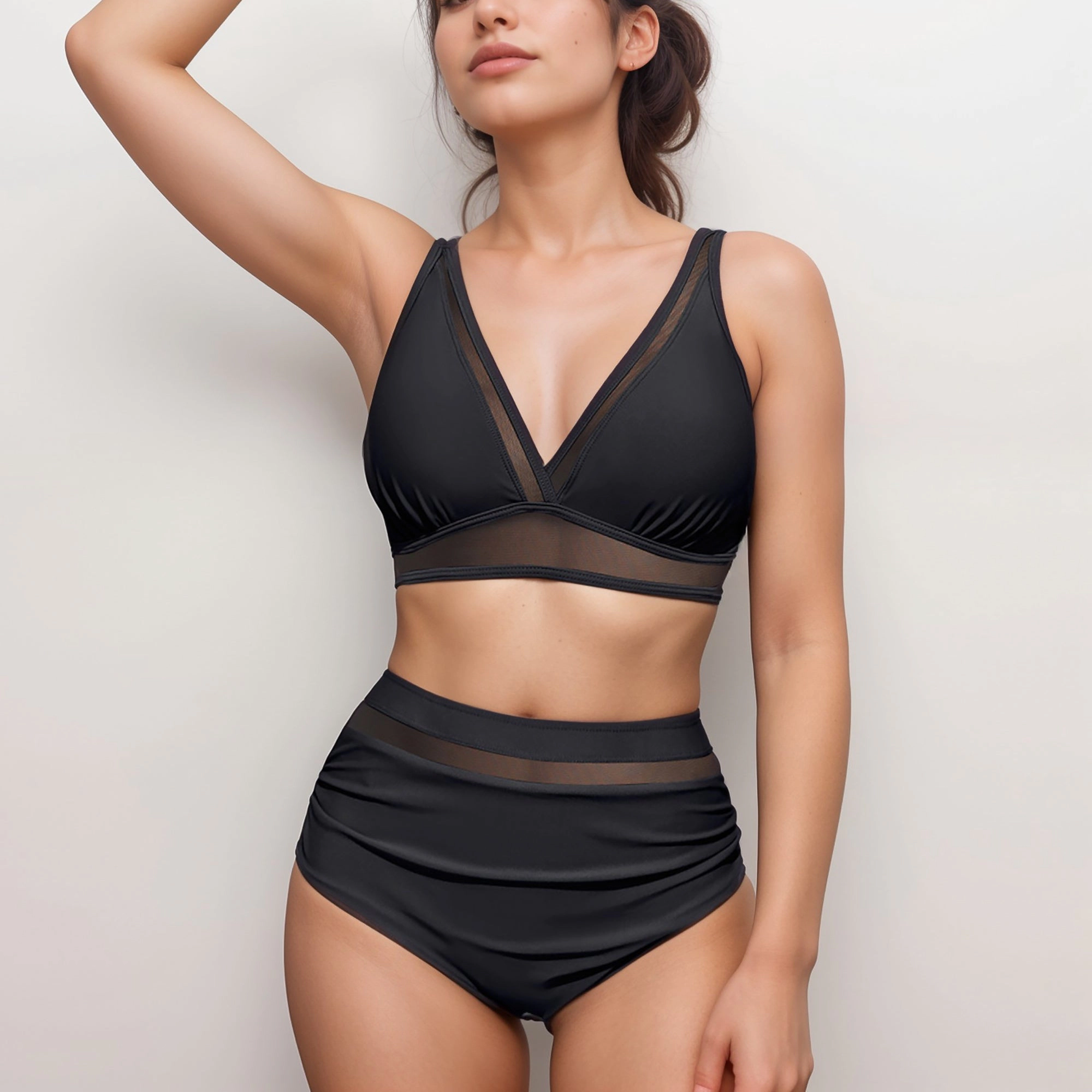 Anna-Kaci Womens Mesh Trim Deep V-Neck Two-Piece Swimsuit
