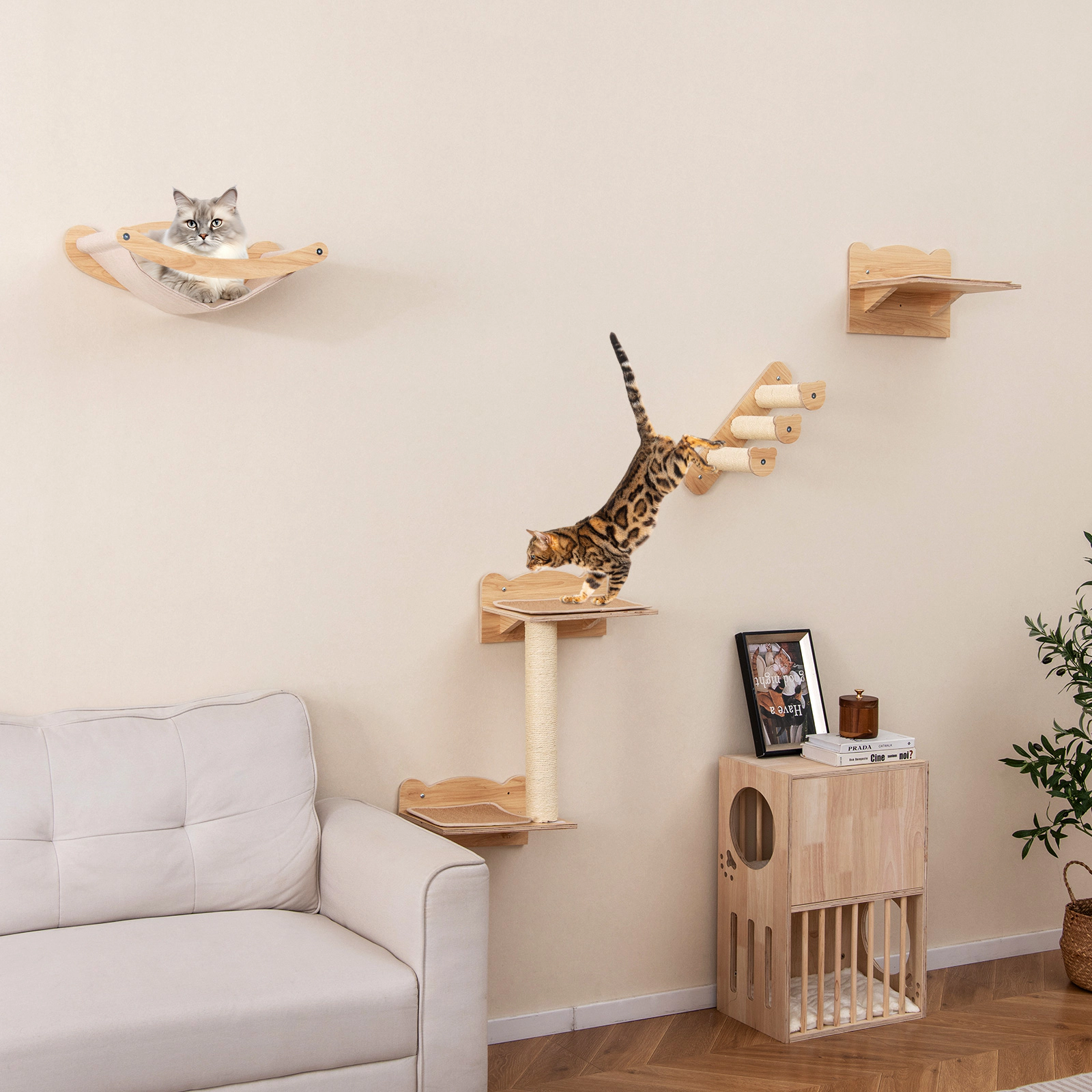Glintex 4-Piece Wall-Mounted Cat Furniture Set with Hammock Stairs and 2-Step Tree, Natural