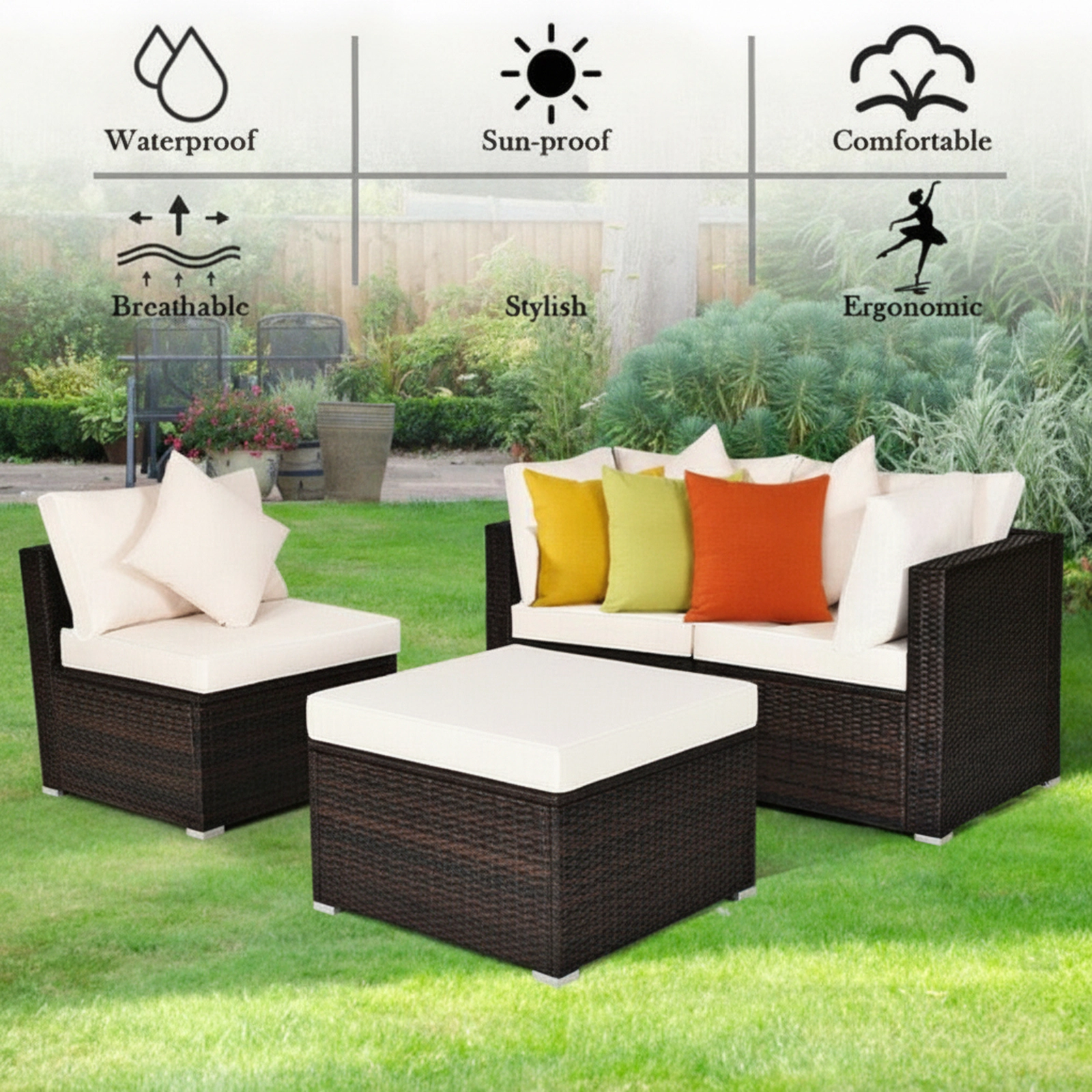SUGIFT 4-Piece White Wicker Outdoor Patio Sectional Set with Ottoman