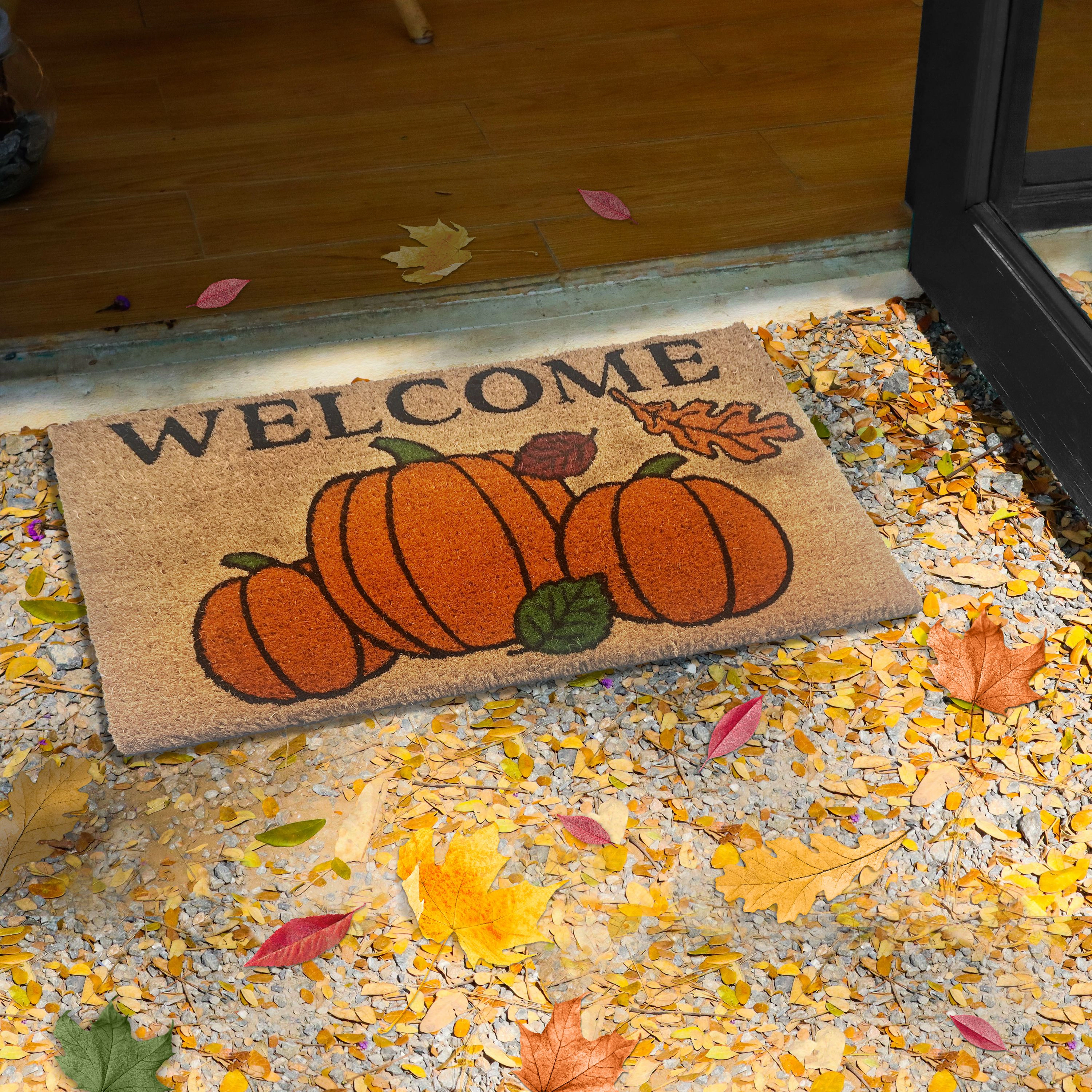 Kate Aurora Fall Autumn Foliage & Pumpkins Bristled Outdoor All Season Welcome Mat - 18"x30"