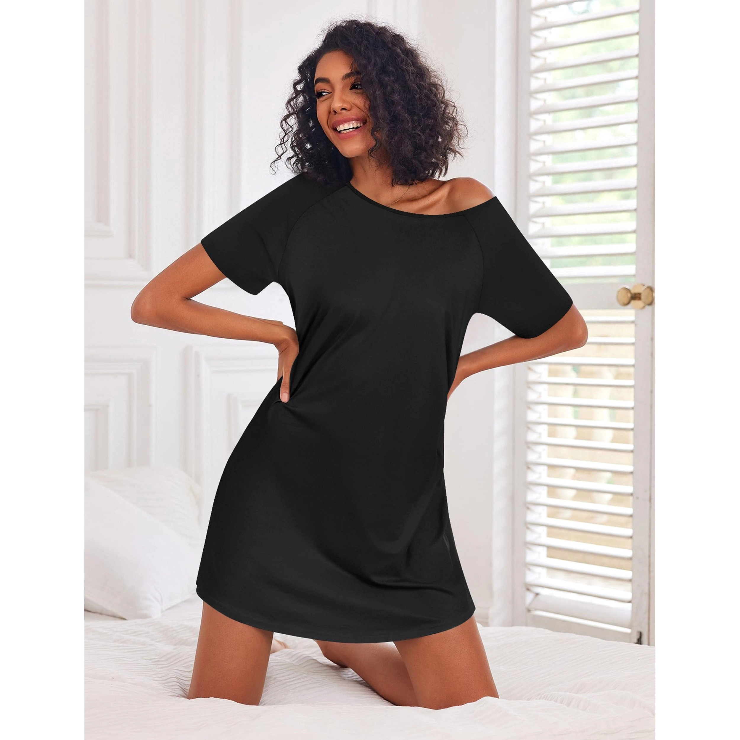 Ekouaer Nightgowns Cotton Sleep Shirts Nightshirt Crew Neck Night Gown Comfy Nightdress