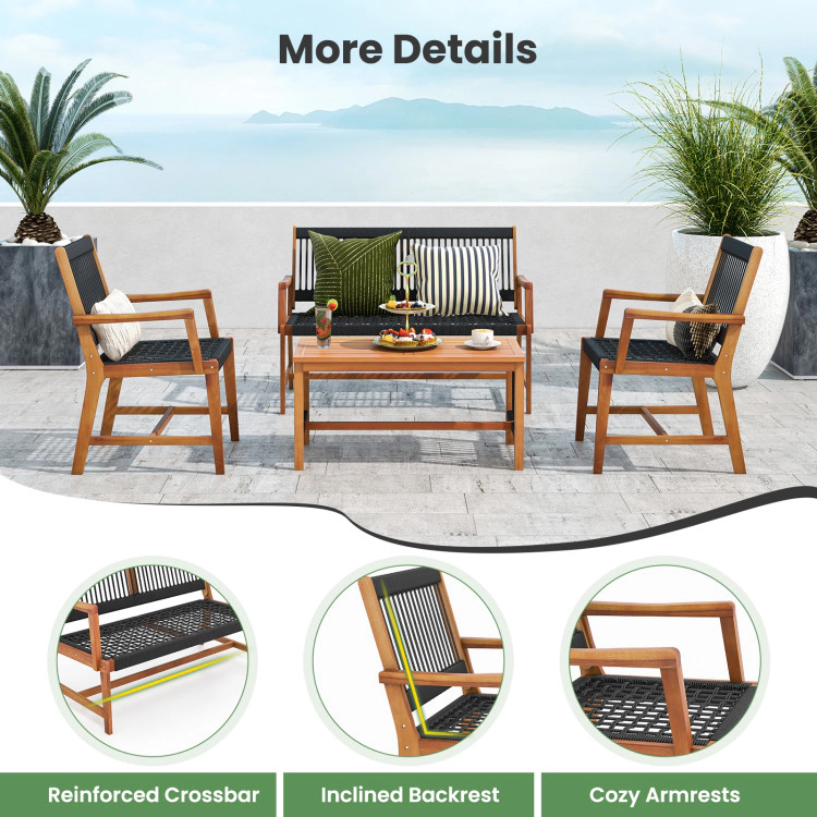 Hivvago 4 Pieces Acacia Wood Patio Conversation Table And Chair Set With Hand Woven Rope