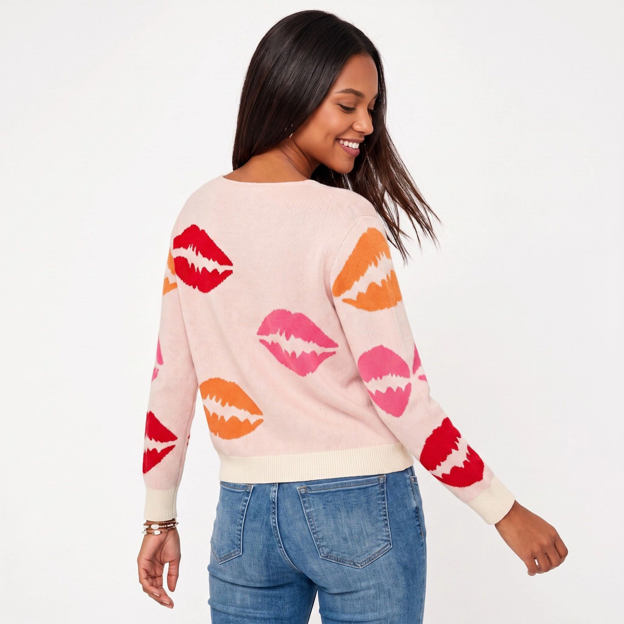 Anna-Kaci Women's Lip Print V-Neck Long Sleeve Knit Sweater
