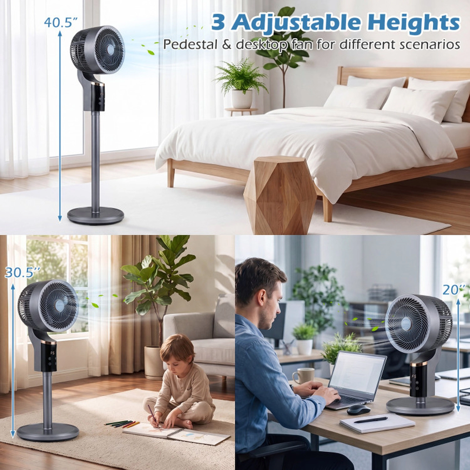 SUGIFT Compact Oscillating Pedestal Fan with 70° Horizontal Swing and 90° Vertical Tilt 8-Speed 12-Hour Timer Gray