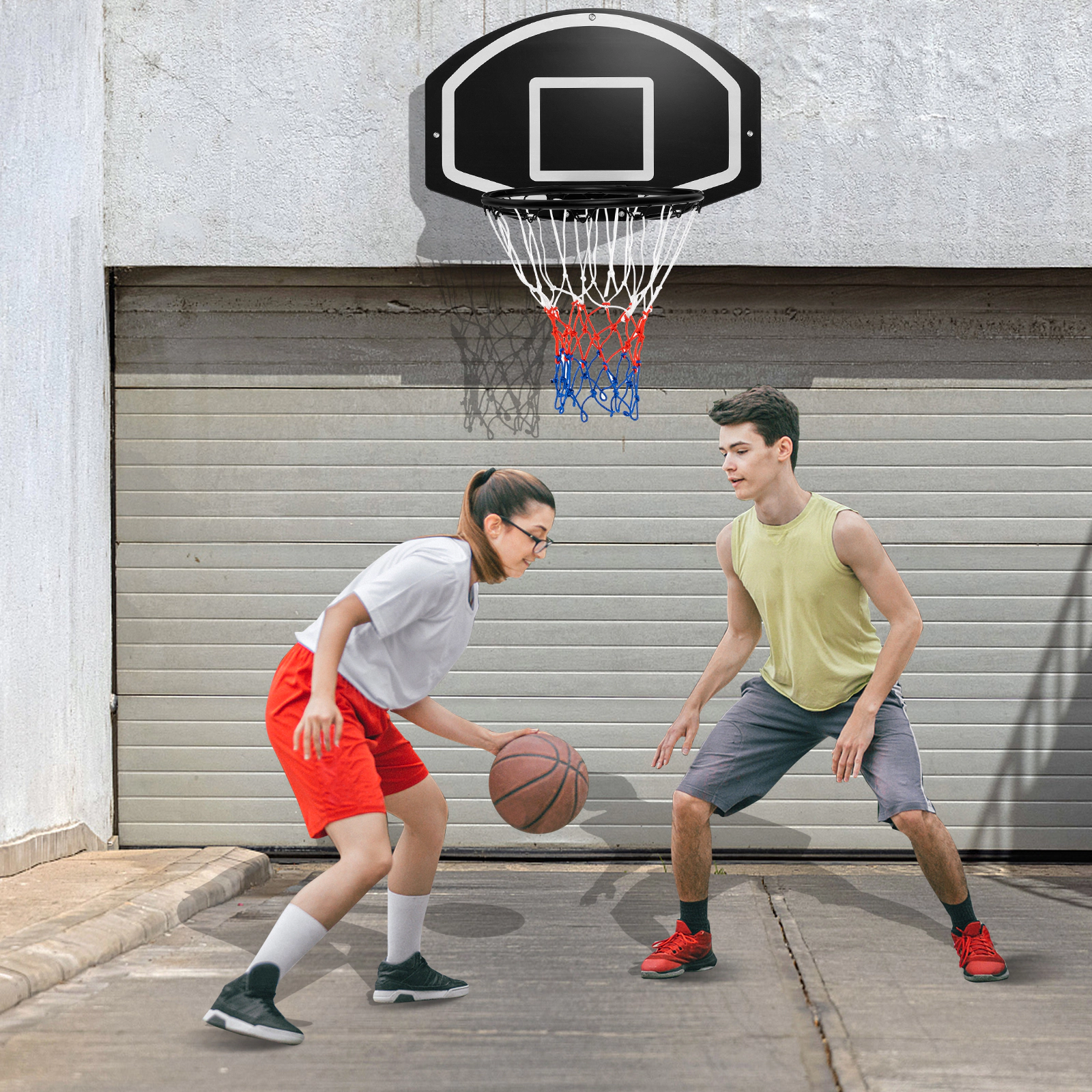 SUGIFT Black and White Wall Mounted Basketball Hoop Set with PE Backboard and All Weather Net 28.5-in W 18-in H