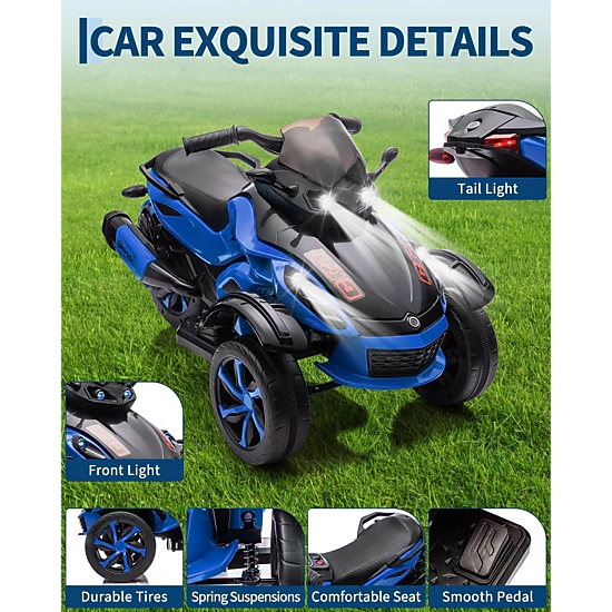 Enjyam 12V Kids Ride-On ATV, 3-Wheeler Electric Motorcycle, LED Lights, Music, Treaded Tires, 66Lbs