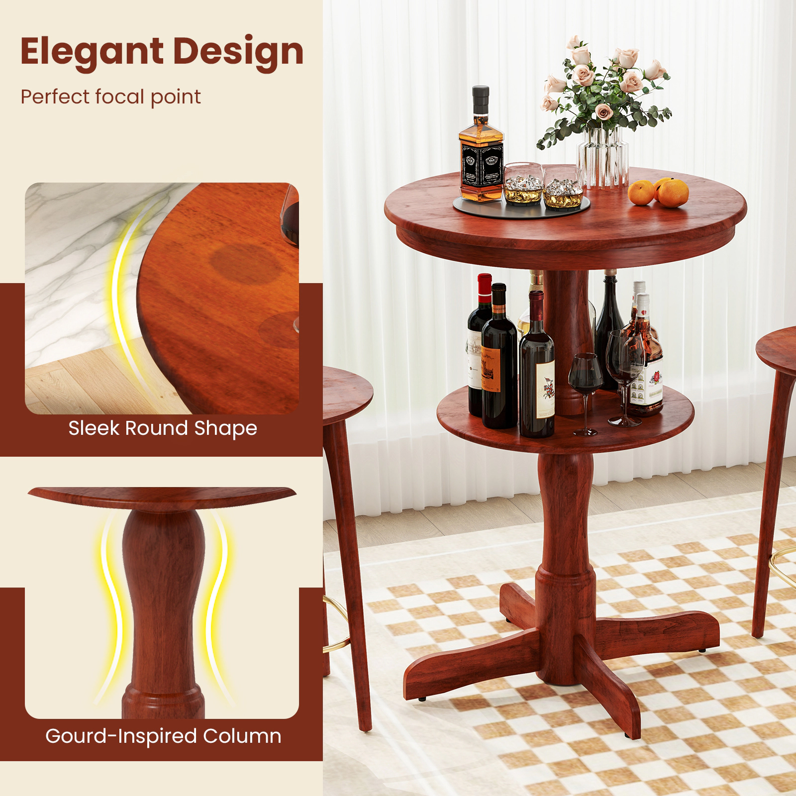 SUGIFT 2-Tier Round High Top Bar Table with Storage Shelf and Pedestal Base 88-lb Tabletop Capacity Espresso