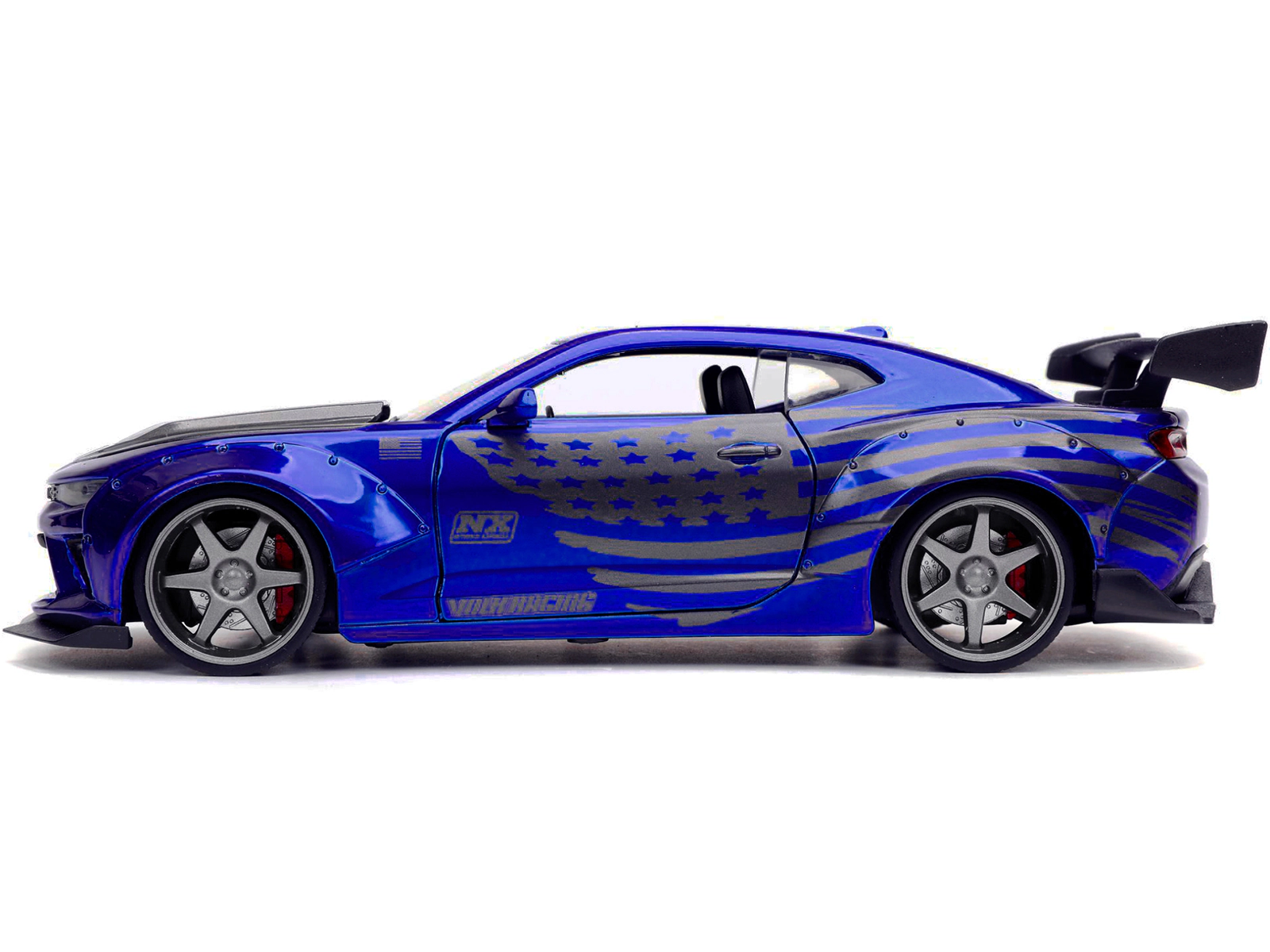 Jada 2016 Chevrolet Camaro Widebody Candy Blue with Gray Metallic Hood and American Flag Graphics "Bigtime