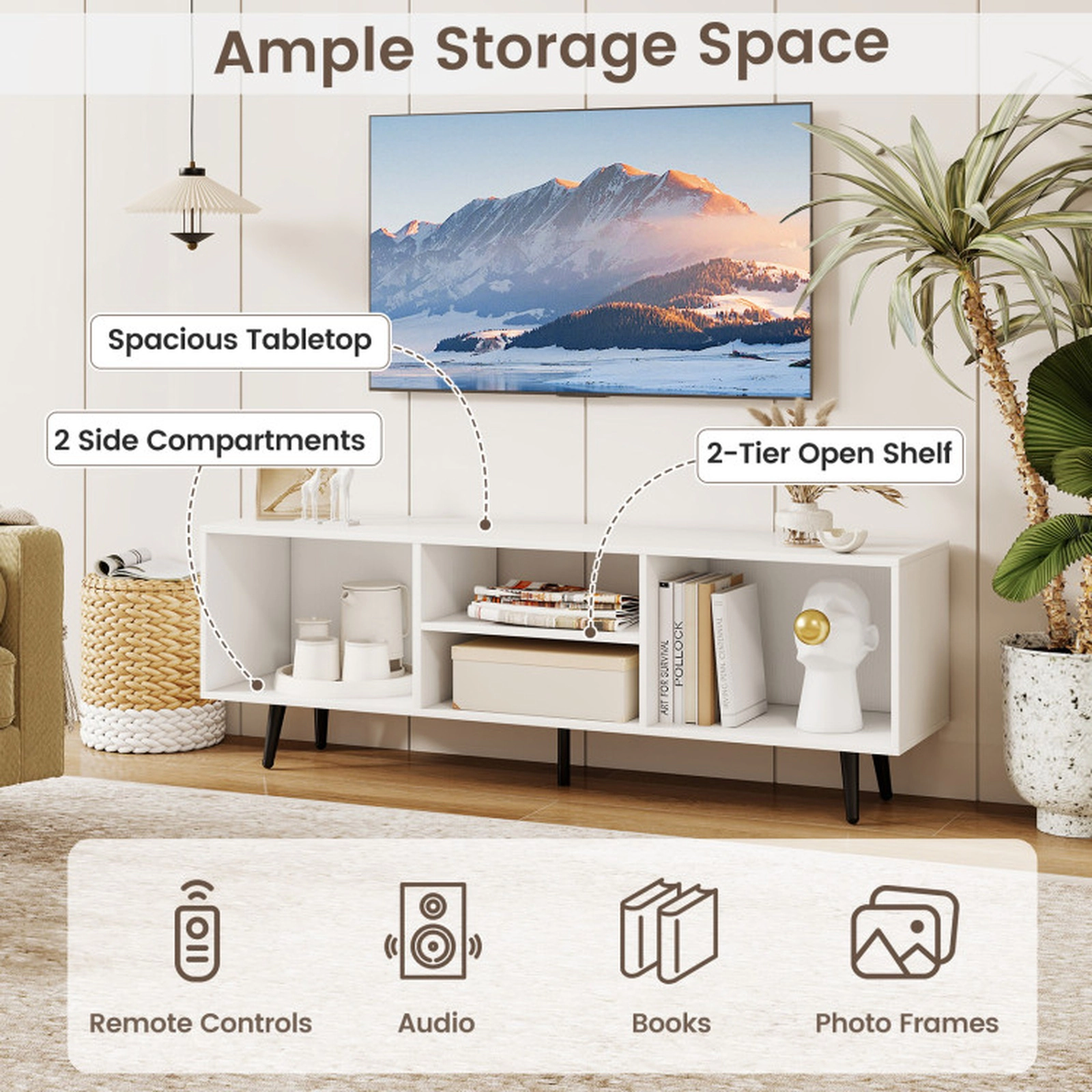 SUGIFT TV Stand for 55-Inch TV with 132-lb Countertop Capacity Compartments and Metal Legs White