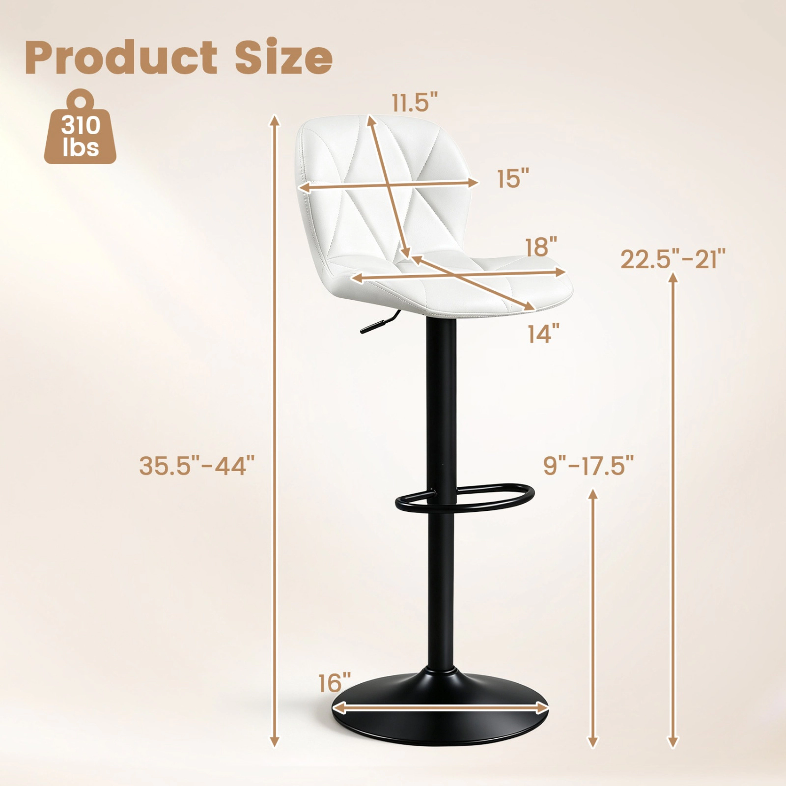 SUGIFT Set of 4 White Adjustable Swivel Bar Stools, PU Leather, Curved Back