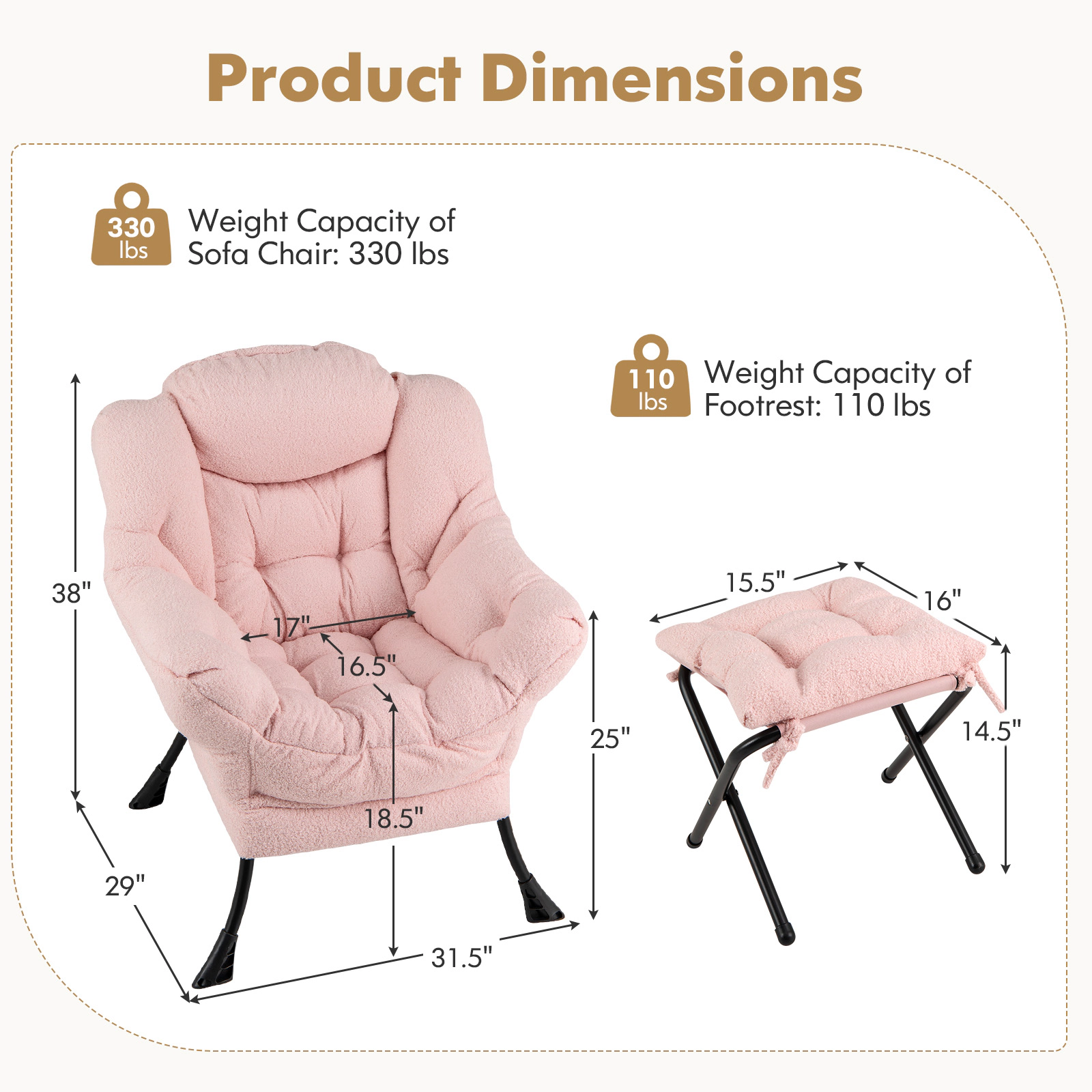 Hivvago Modern Accent Chair with Folding Footrest and Head Pillow-Pink