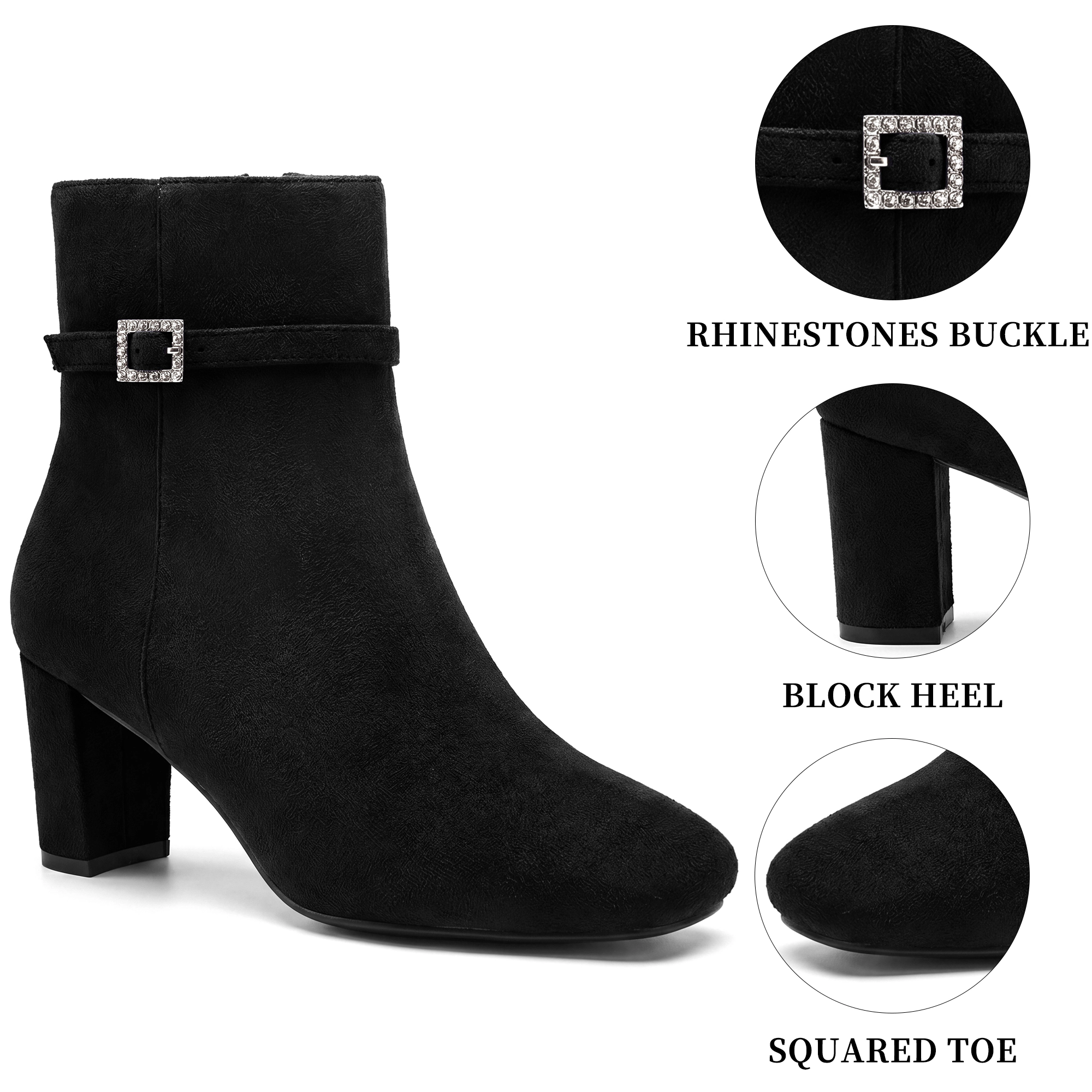 BLISSFUL STEP Women Faux Suede Rhinestone Square Toe Buckle Block Heel Ankle Boots