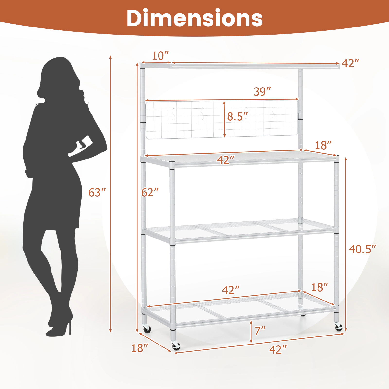 SUGIFT 4-Tier Bakers Rack Silver on Wheels with Adjustable Shelves and Hanging Net