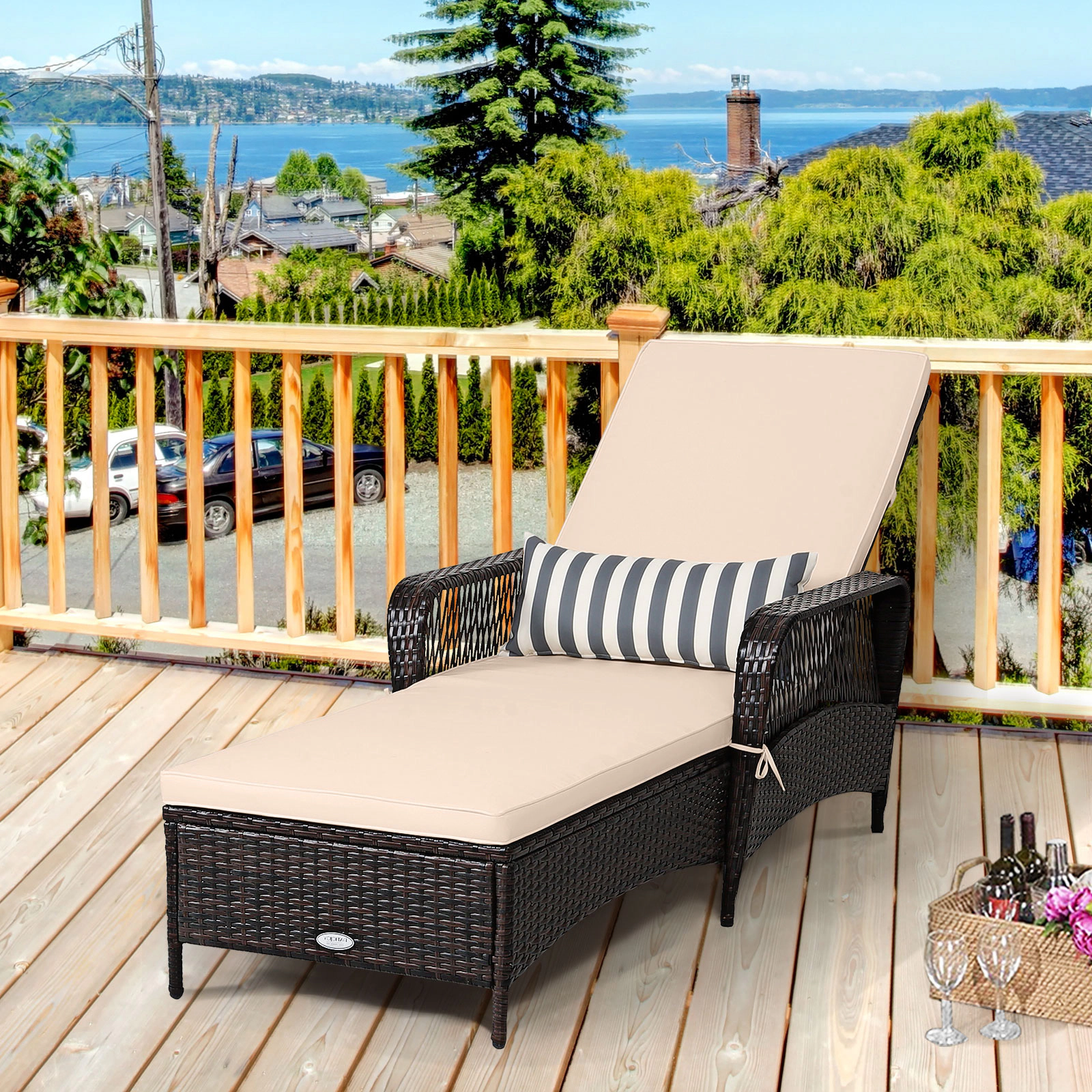 LJG PE Rattan Chaise Lounge Chair Arm Recliner Adjustable with Pillow