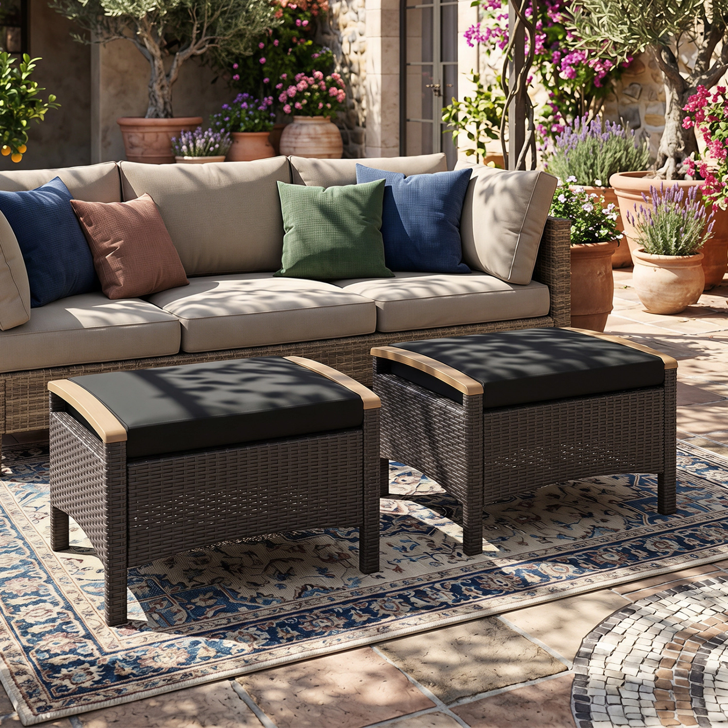 LJG Set of 2 Fade-Resistant Wicker Patio Ottoman