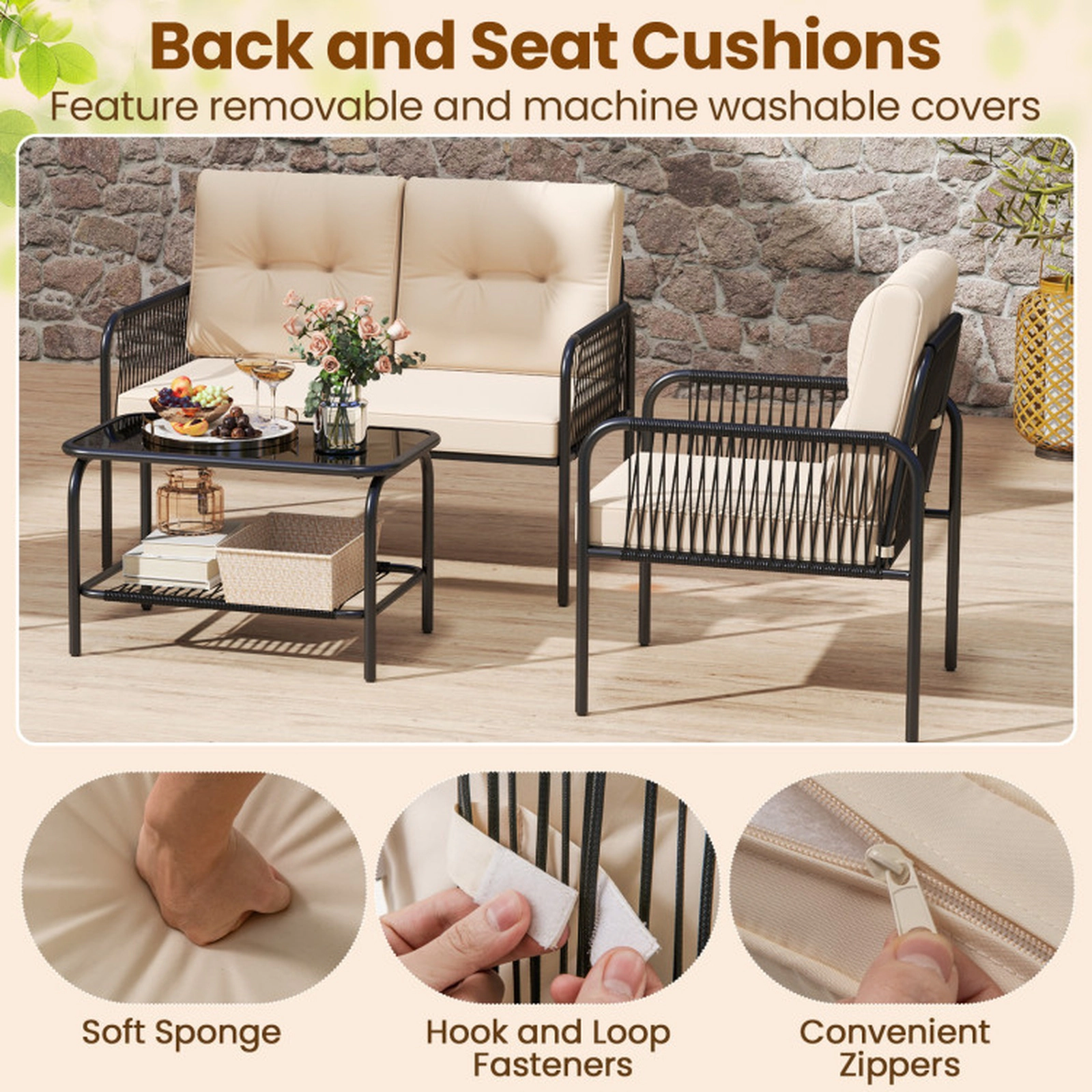 SUGIFT 4-Piece Beige Patio Rattan Conversation Set with Loveseat and 2 Chairs 16-in Seat H 660-lb Loveseat Capacity