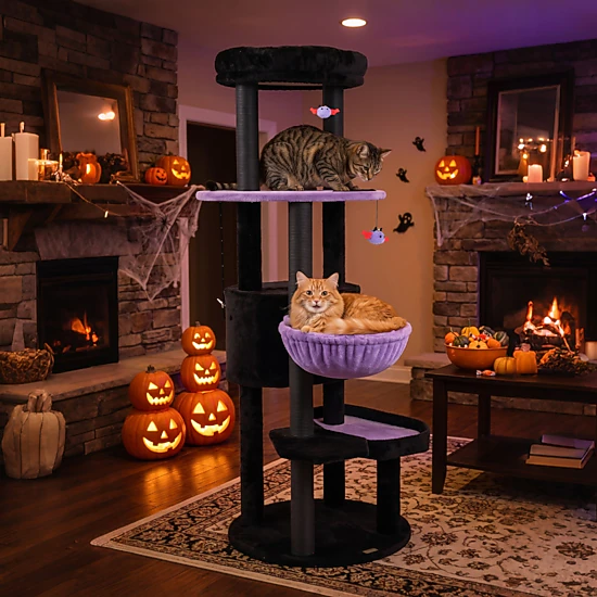 SUGIFT 60-in H Gothic Cat Tree with Coffin Bed Plush Perch and Spider ...