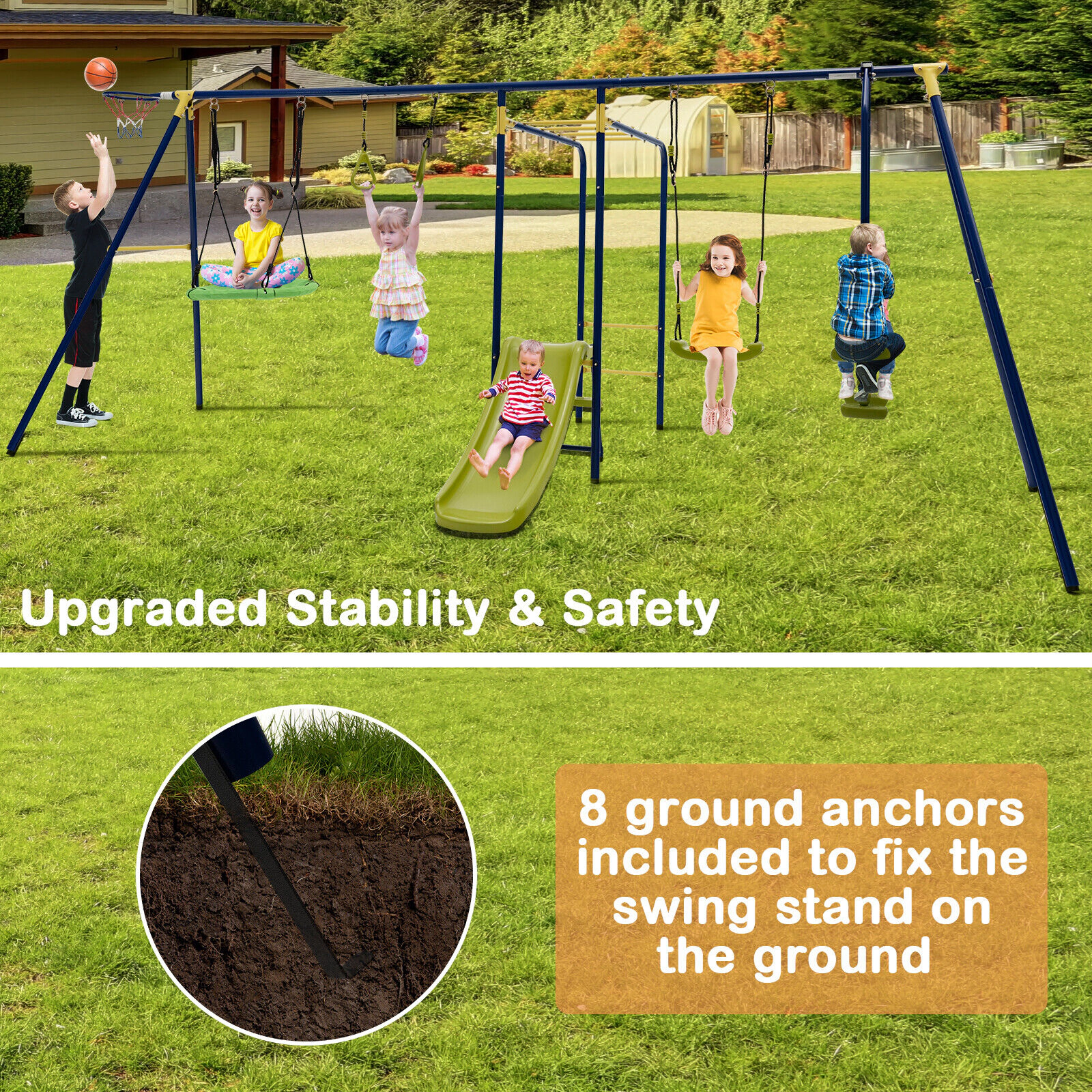 SUGIFT 7-in-1 A-Shaped Steel Kids Outdoor Swing Set with Slide Basketball Hoop Monkey Bar and Gym Rings