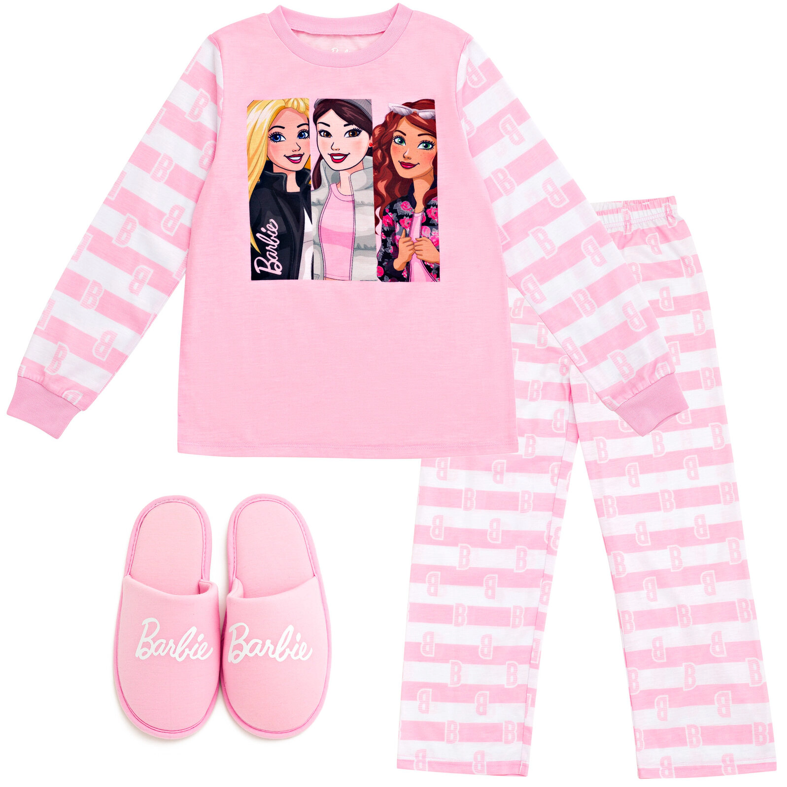 Barbie Girls' 3-Piece Pajama and Slippers Set