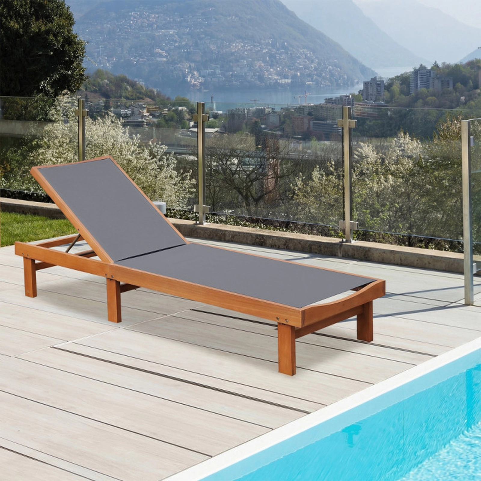 SUGIFT Adjustable Outdoor Wood Chaise Lounge Chair with 5-Position Backrest 400-lb Capacity Teak and White