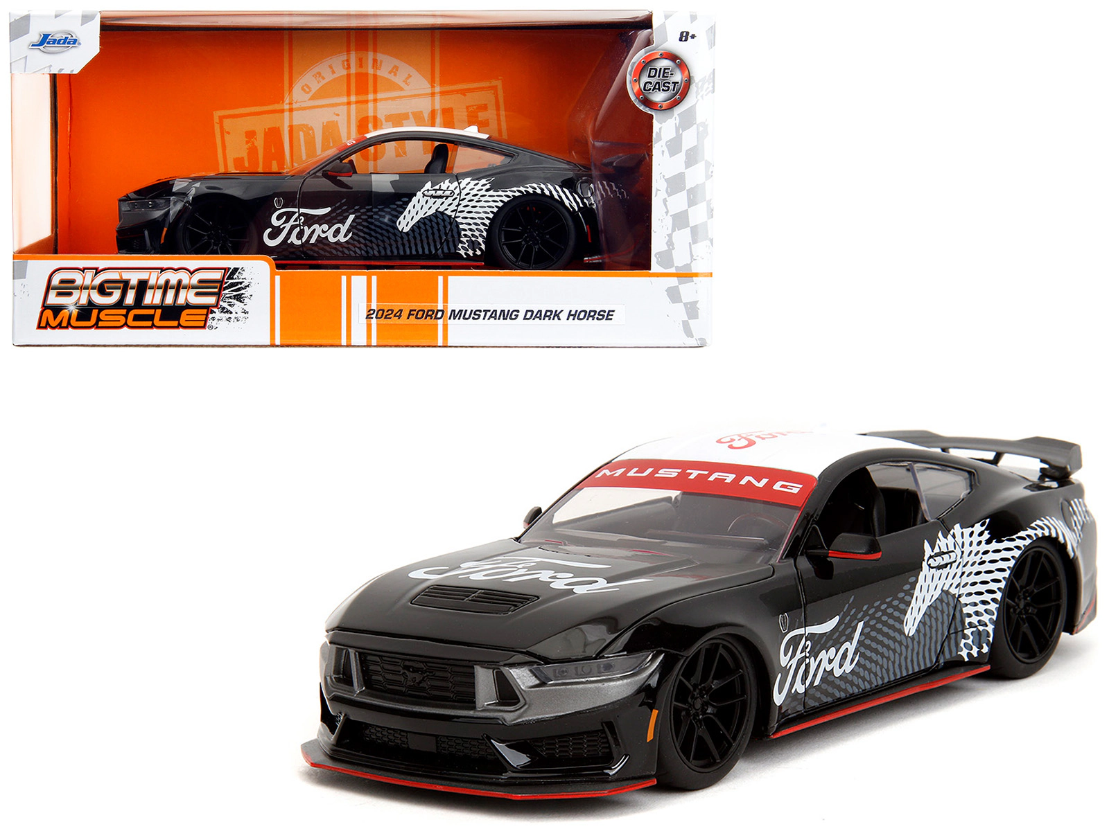 Jada 2024 Ford Mustang Dark Horse Black with White Top and "Mustang Horse Graphics" "Bigtime Muscle" Series