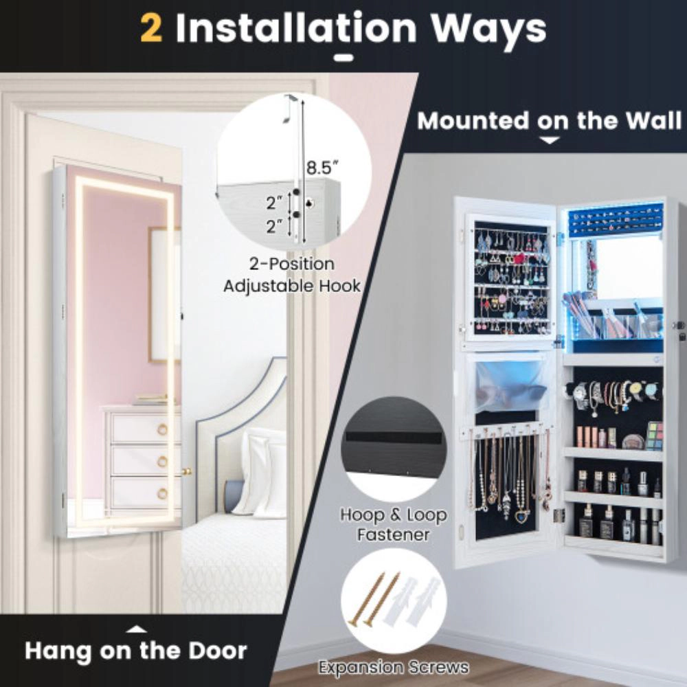 Hivvago 42.5 Inches Lockable Jewelry Mirror Wall Cabinet with 3-Color LED Lights-White