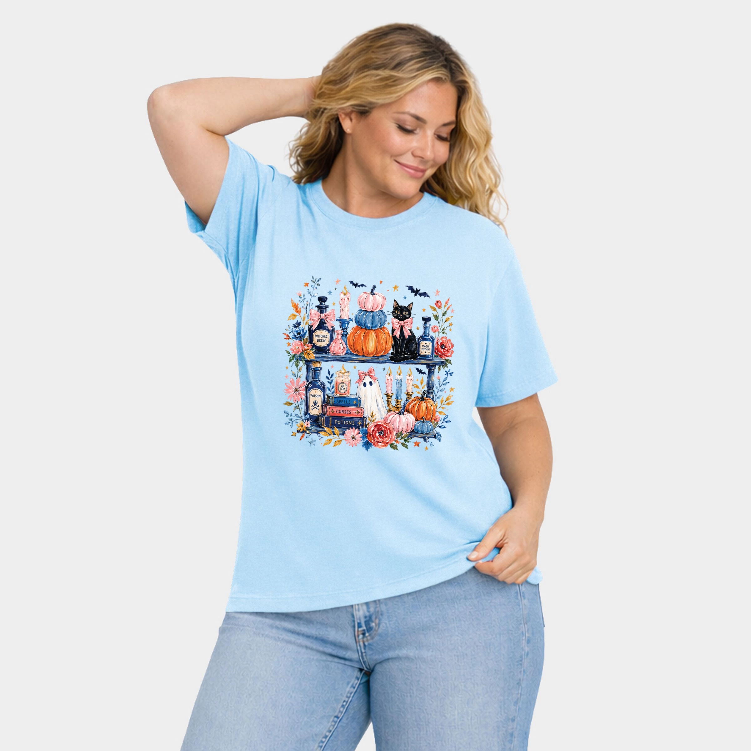 Simply Sage Market - Women's Plus Sized Garment Dyed Graphic T-Shirt Coquette Halloween Bookshelf