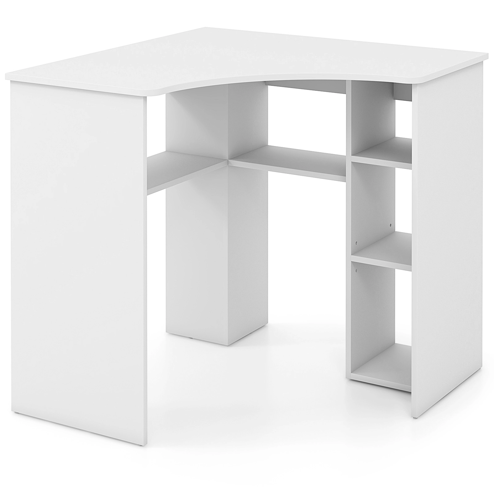 SUGIFT 90° Corner Triangle Computer Desk with Adjustable Shelf and Arc-Shaped Profile 220-lb Tabletop Capacity White
