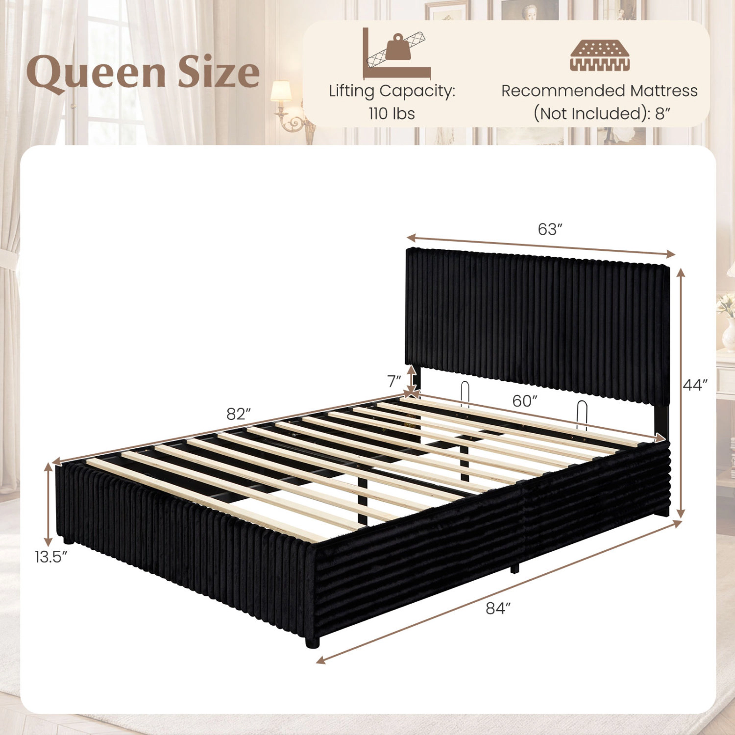 LJG Queen Lift-up Storage Bed with Wooden Slat Support