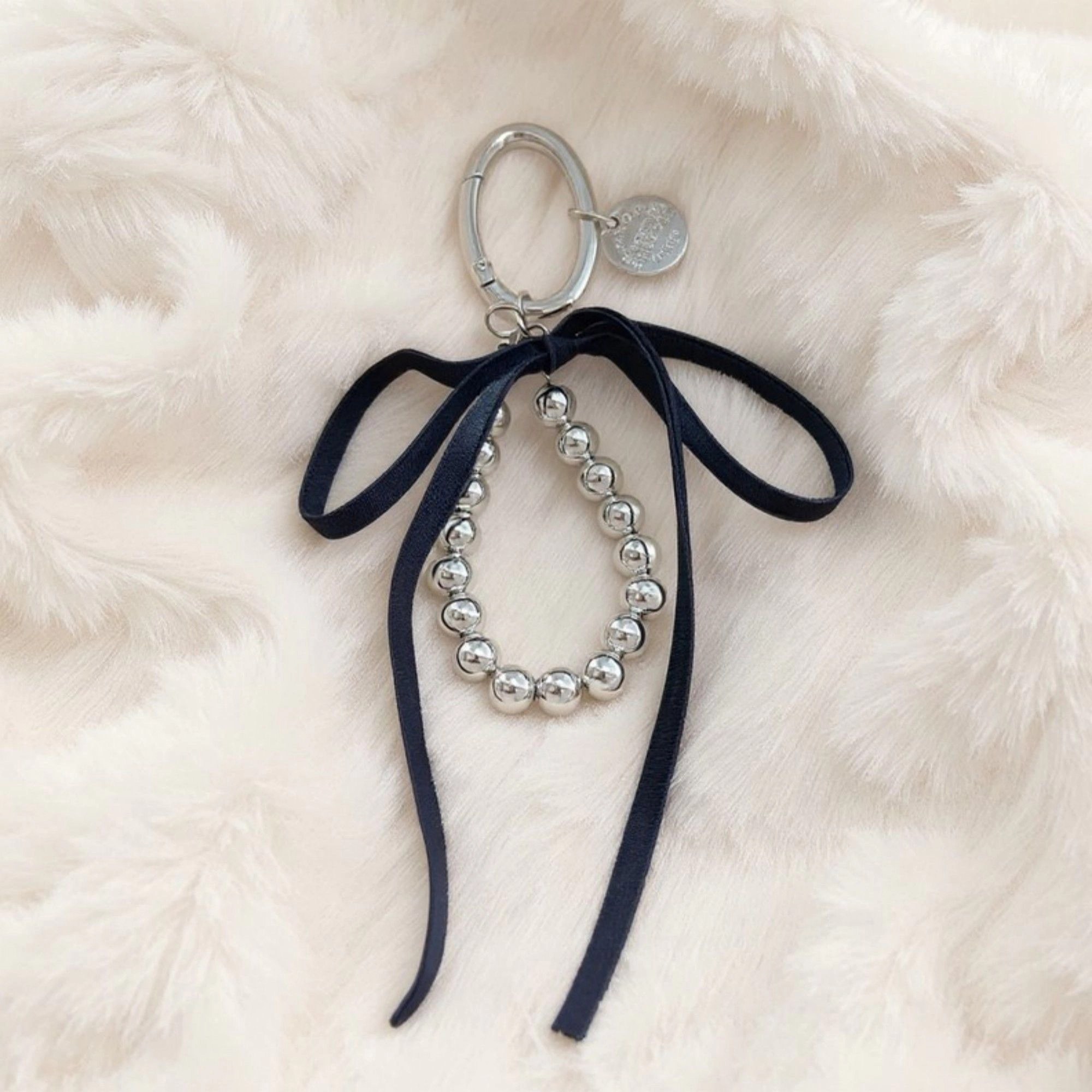 Alilang Women's Silver Bead Charm Keychain with Velvet Ribbon Bow