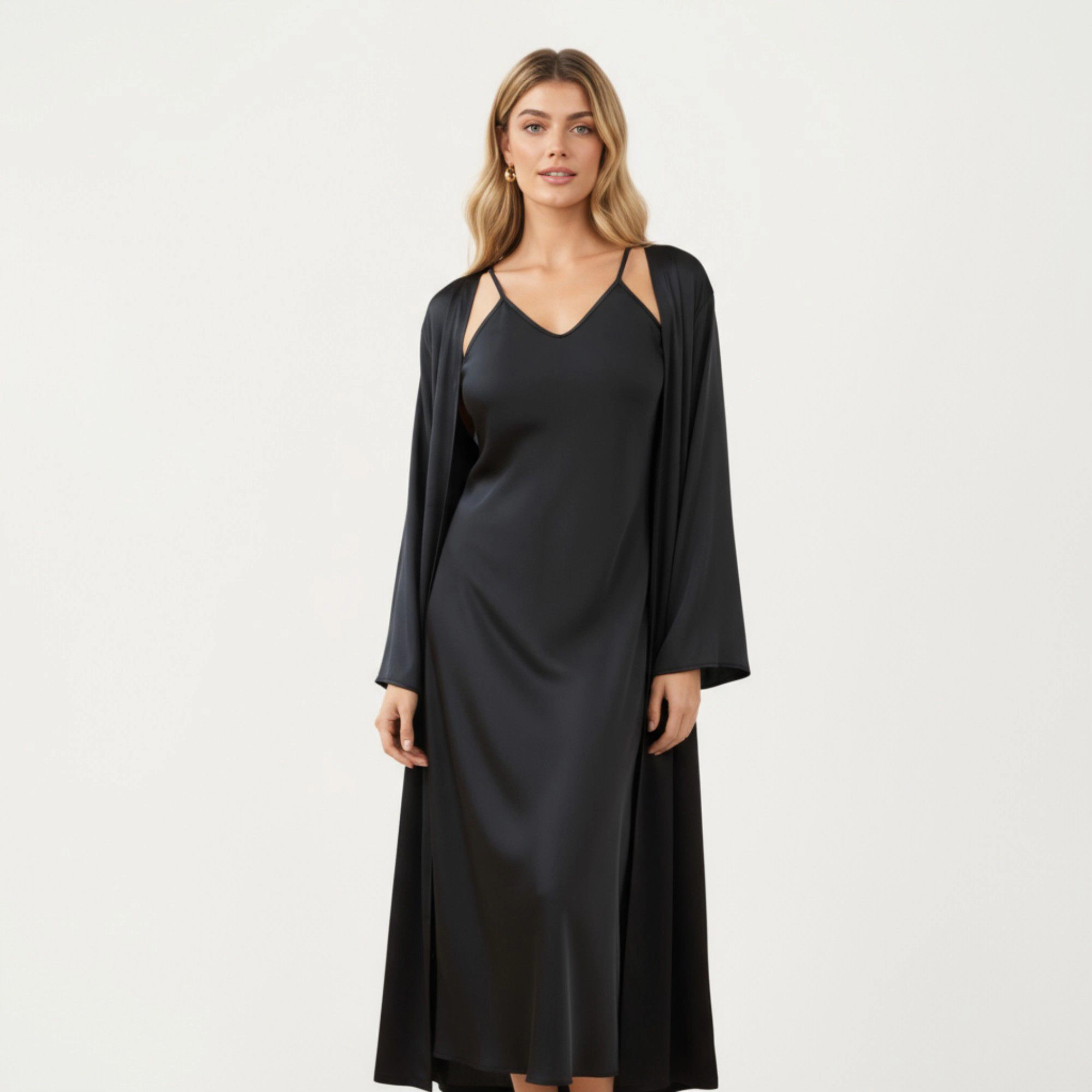 Anna-Kaci Women's 2-Piece Satin V-Neck Slip Dress with Flowing Long Robe