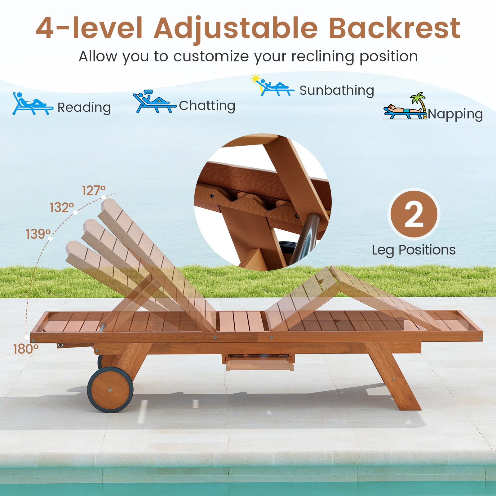 SUGIFT Wheels 4-Position Backrest and Extendable Side Table Natural Wood Outdoor Chaise Lounge