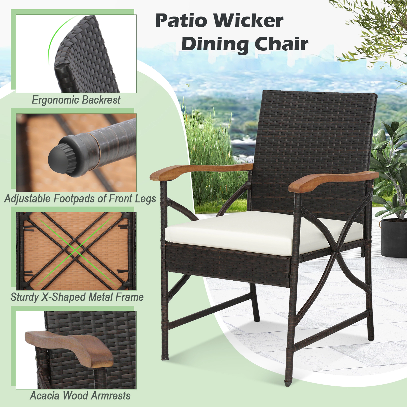 SUGIFT Patio Wicker Dining Chairs with Soft Zippered Cushion 400-lb Capacity Mix Brown and Off White Set of 4