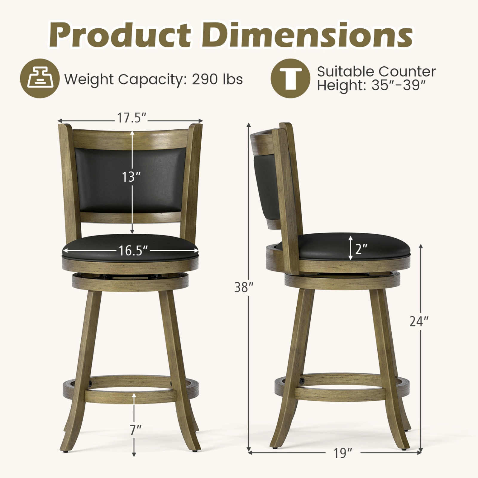 SUGIFT 2-Piece 24-in Swivel Counter Stool Dining Chair with Upholstered Seat 264-lb Capacity 17.5-in Wide Panel Back