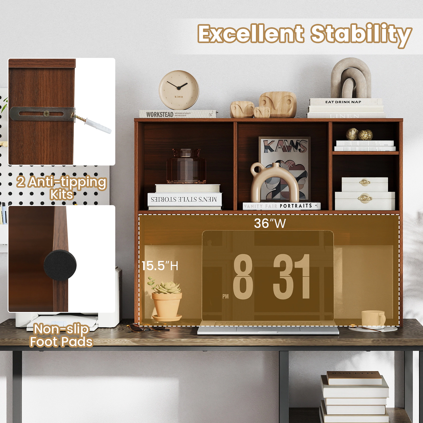 SUGIFT 145-lb Capacity Walnut 37-in Desktop Bookshelf Desk Hutch with 4 Cubbies Open Back Monitor Bay