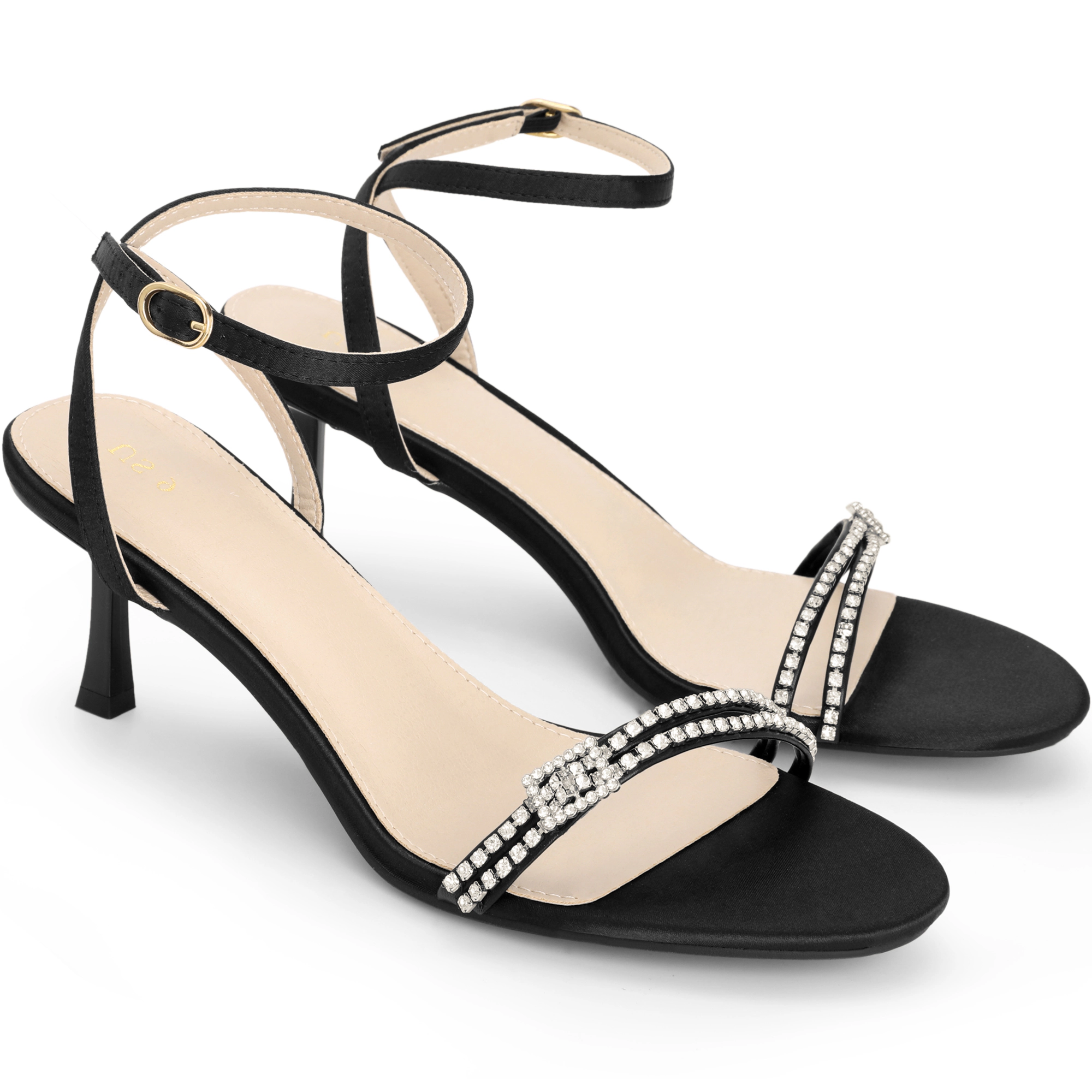 BLISSFUL STEP Women's Rhinestone Open Toe Strappy Slingback Heel Sandals