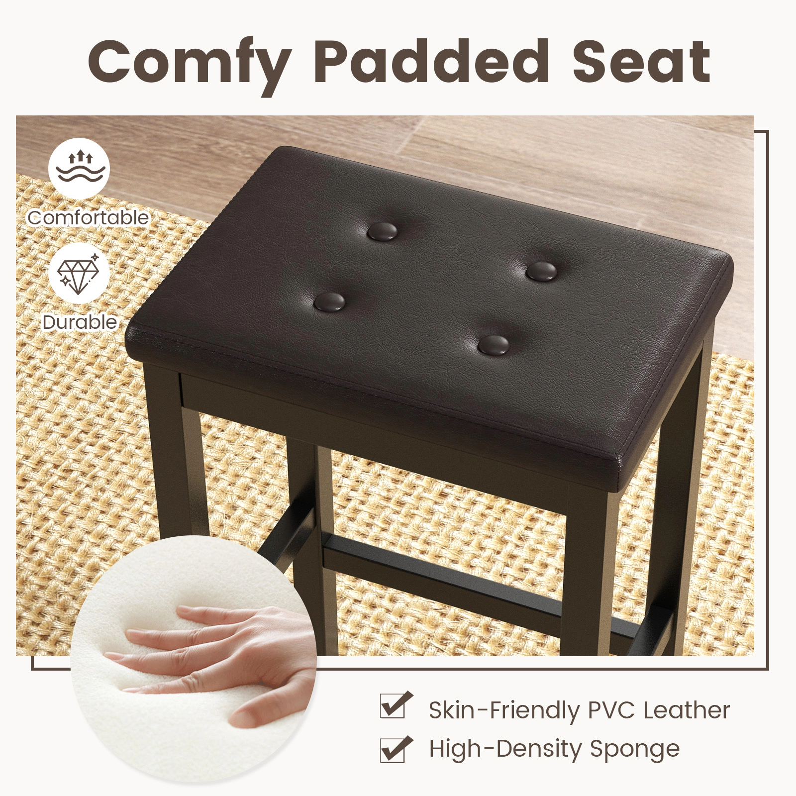 Hivvago  24 Inch Bar Stools with Padded Seat Footrest and Rubber Wood Frame