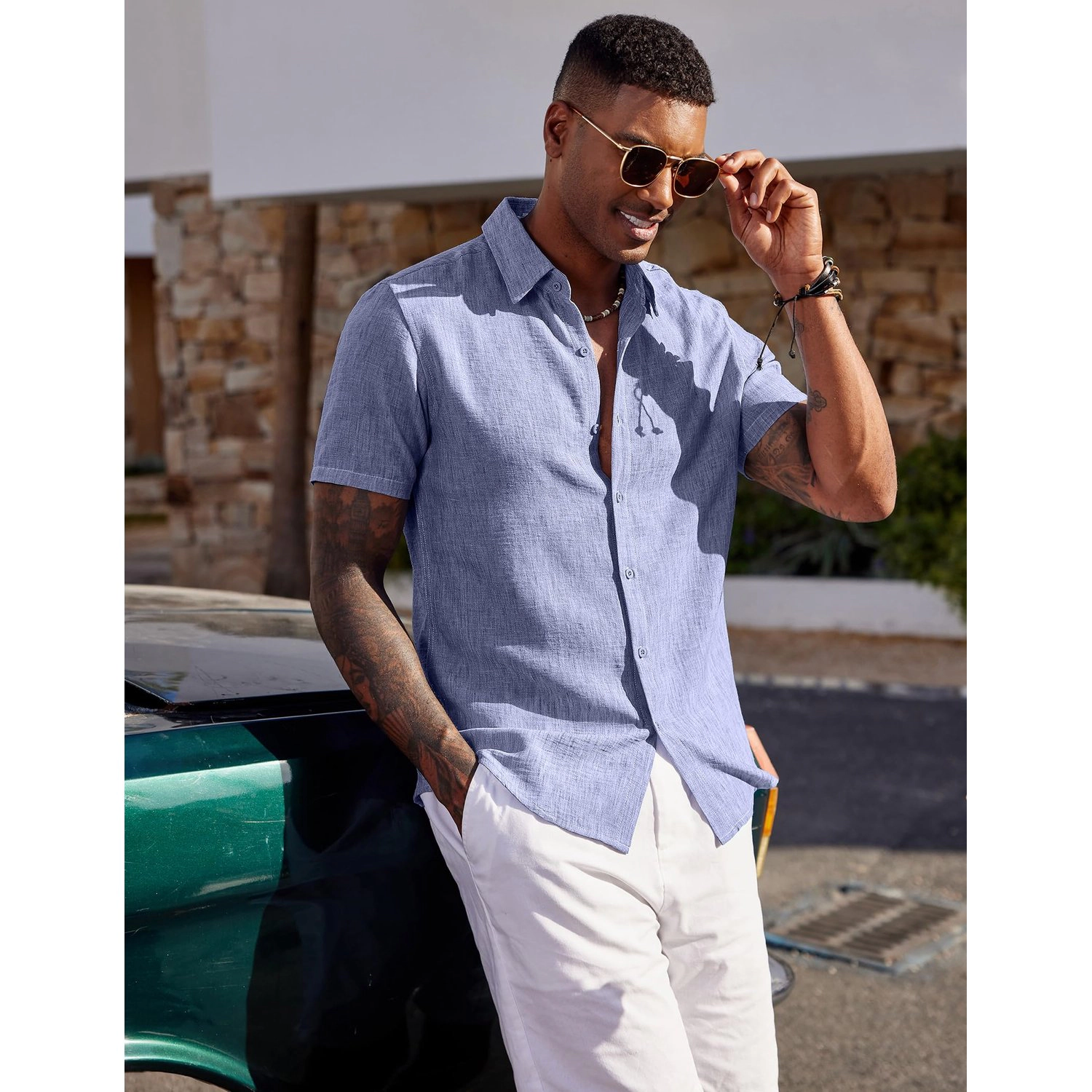 COOFANDY Mens Casual Short Sleeve Button Down Shirts  Lapel Collar Pocket Tops