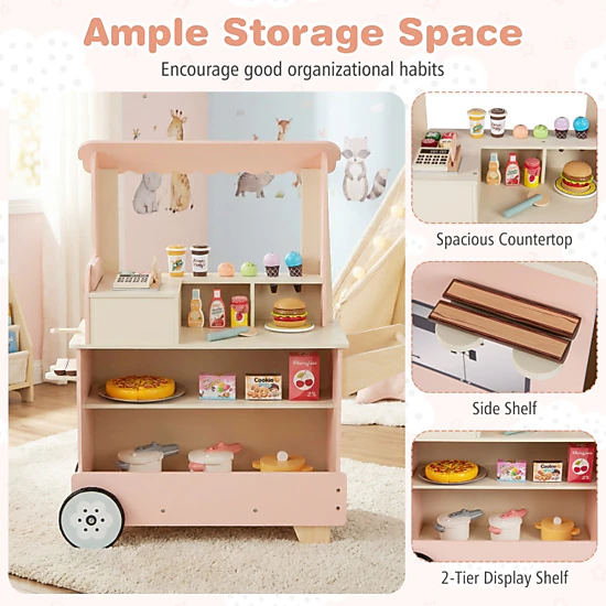 Hivvago Kids Pizza Food Truck Wooden Pretend Play Snack Cart With Oven