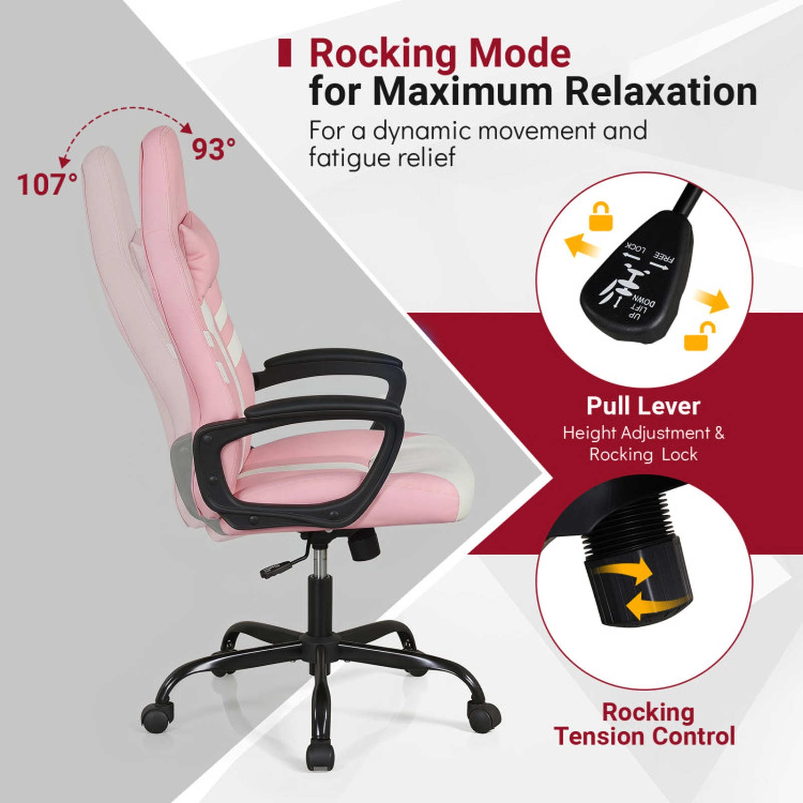 SUGIFT Faux Leather Upholstered Gaming Office Chair 275-lb Capacity with Removable Head Pillow and Rocking Function Pink