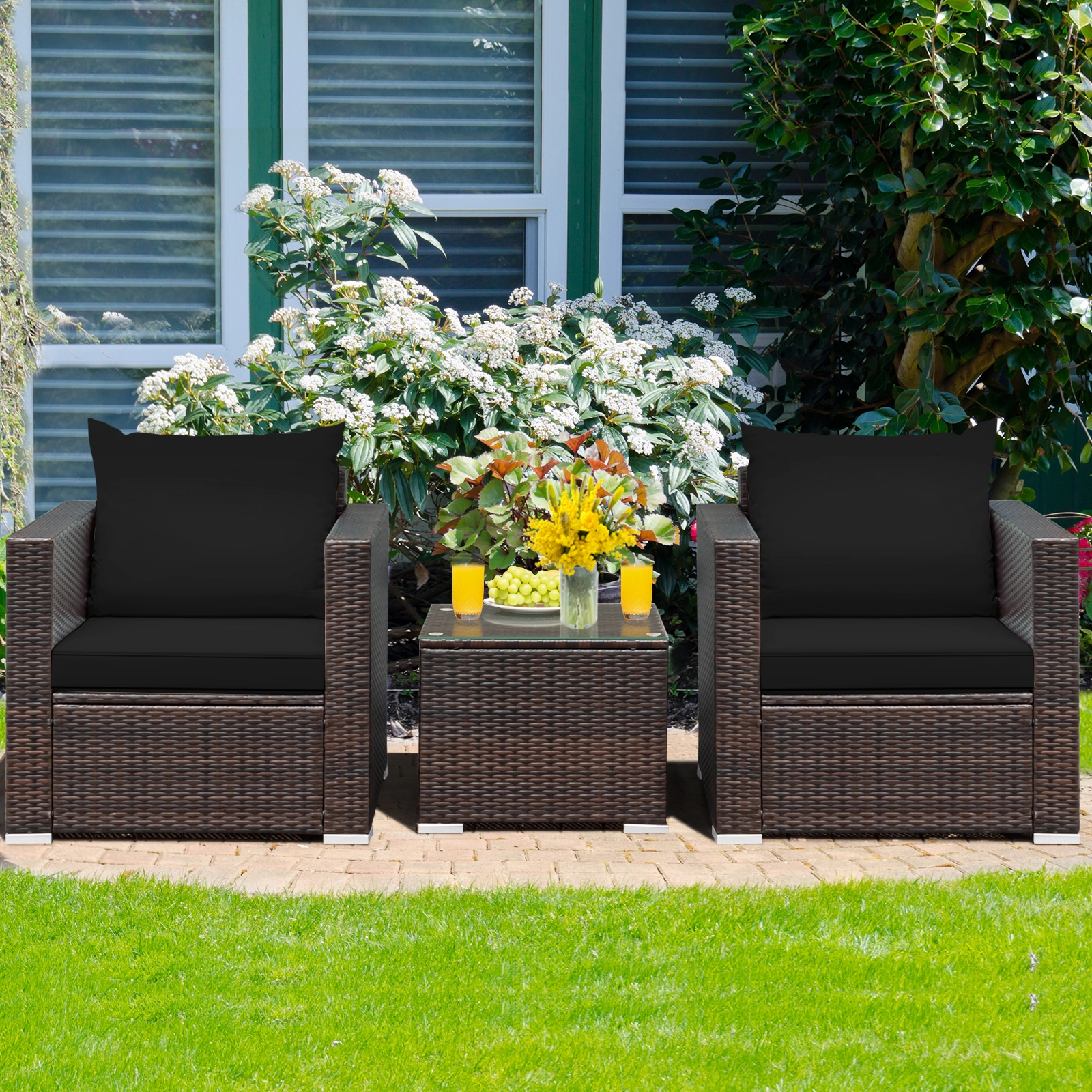 SUGIFT 3-Piece Black Rattan Patio Conversation Set with 2 Cushioned Armchairs and Glass Table