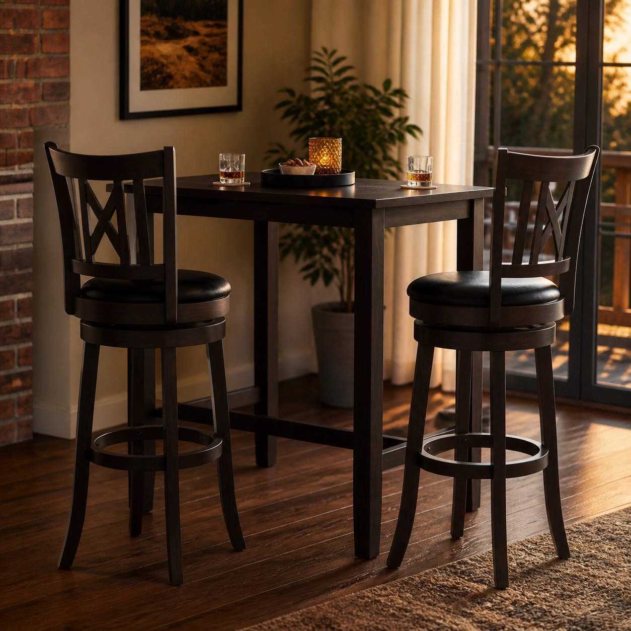 SUGIFT Set of 2 30-in Dark Chocolate Swivel Bar Stools, Hollow Back and Footrest