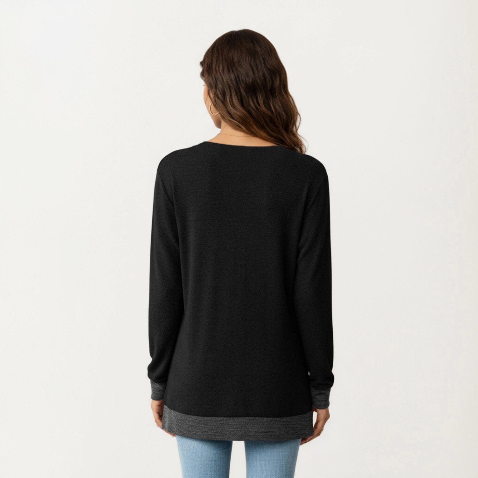 Anna-Kaci Women's Contrast Crochet Trim V-Neck Relaxed Hem Long Sleeve Top