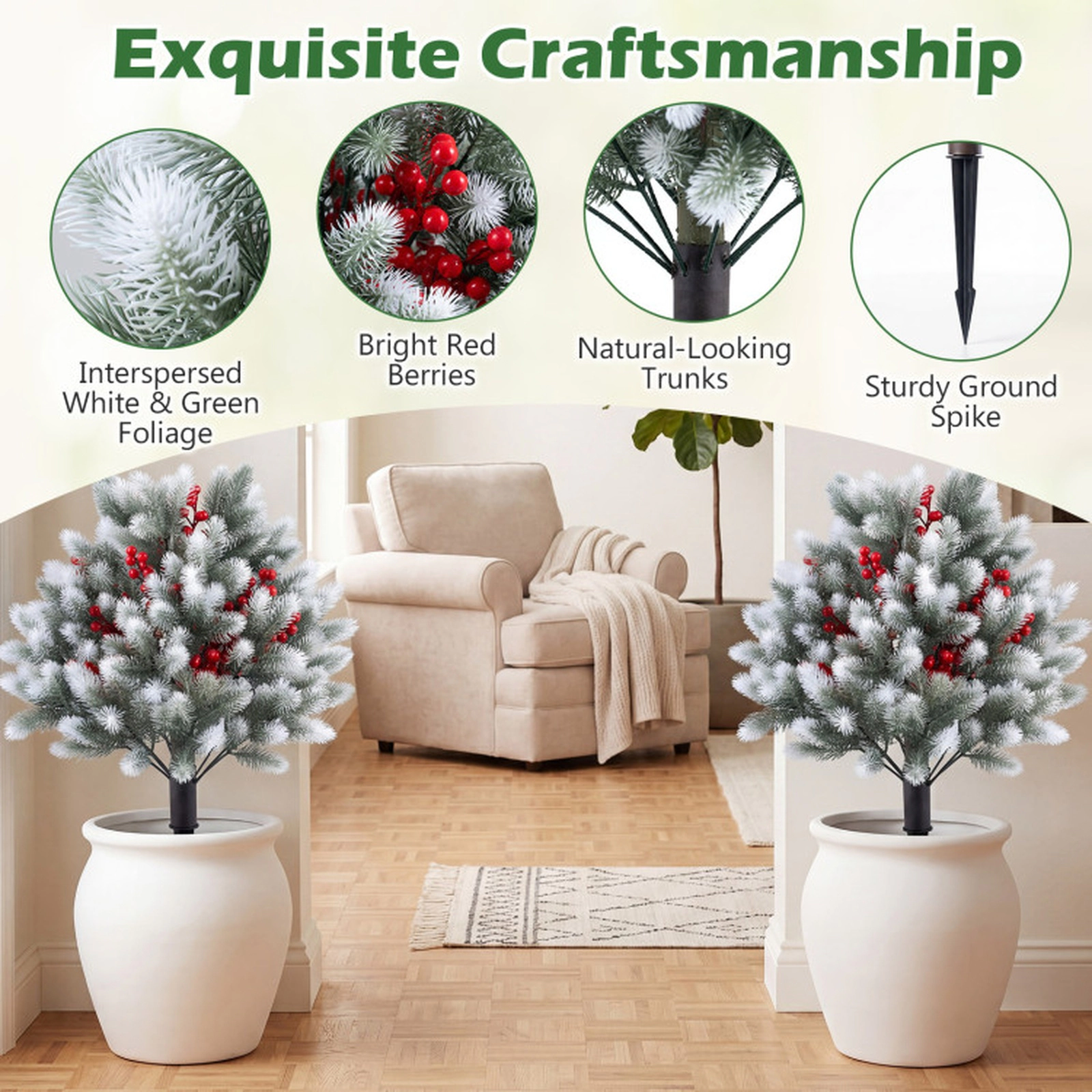 SUGIFT Set of 2 Snow-Tipped Artificial Cedar Topiary Trees 8-in Ground Spikes 16 x 27.5-in Green & White & Red