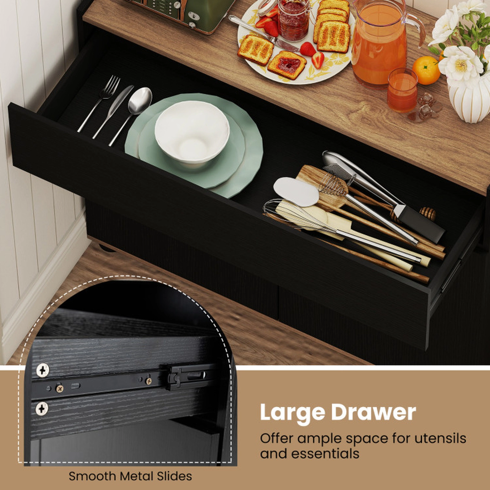 SUGIFT 31.5-in 88-lb Countertop Black Wooden Sideboard Buffet Cabinet with Push-to-Open Doors and Wide Drawer