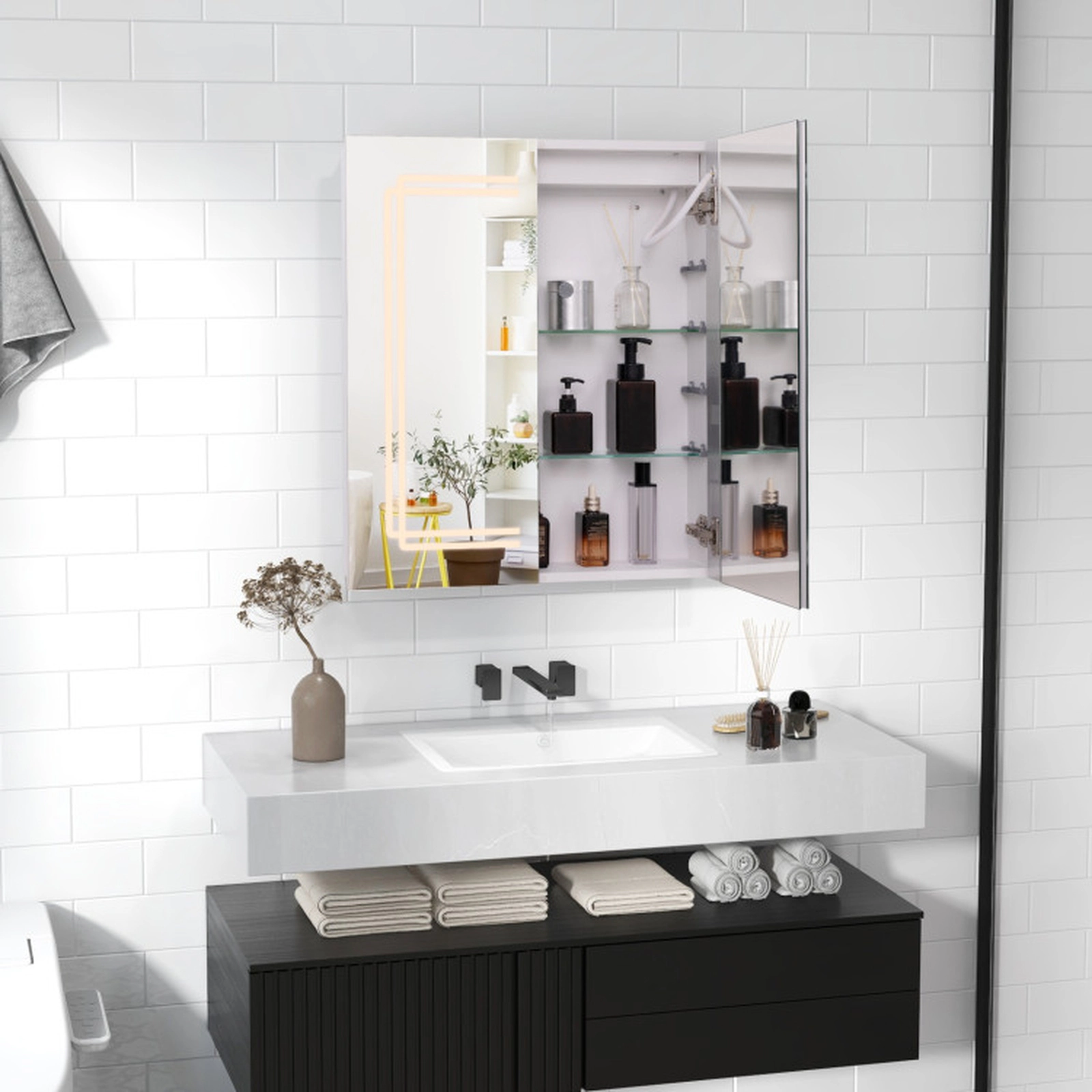 SUGIFT White 2-Door Anti-Fog Bathroom Mirror Medicine Cabinet with Dimmable Lights and Adjustable Glass Shelves