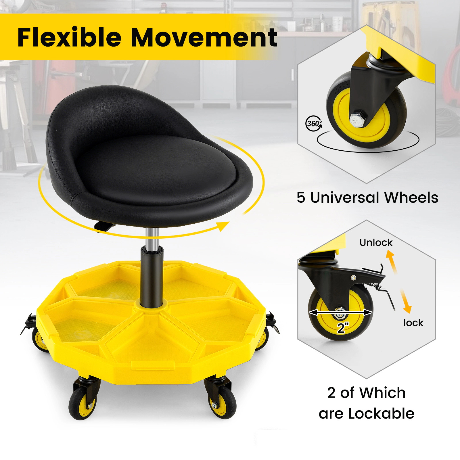 SUGIFT 20-in to 25-in Adjustable 5 Wheels 5-Section Tool Tray Rolling Garage Stool 15-in Seat 350-lb Capacity Yellow