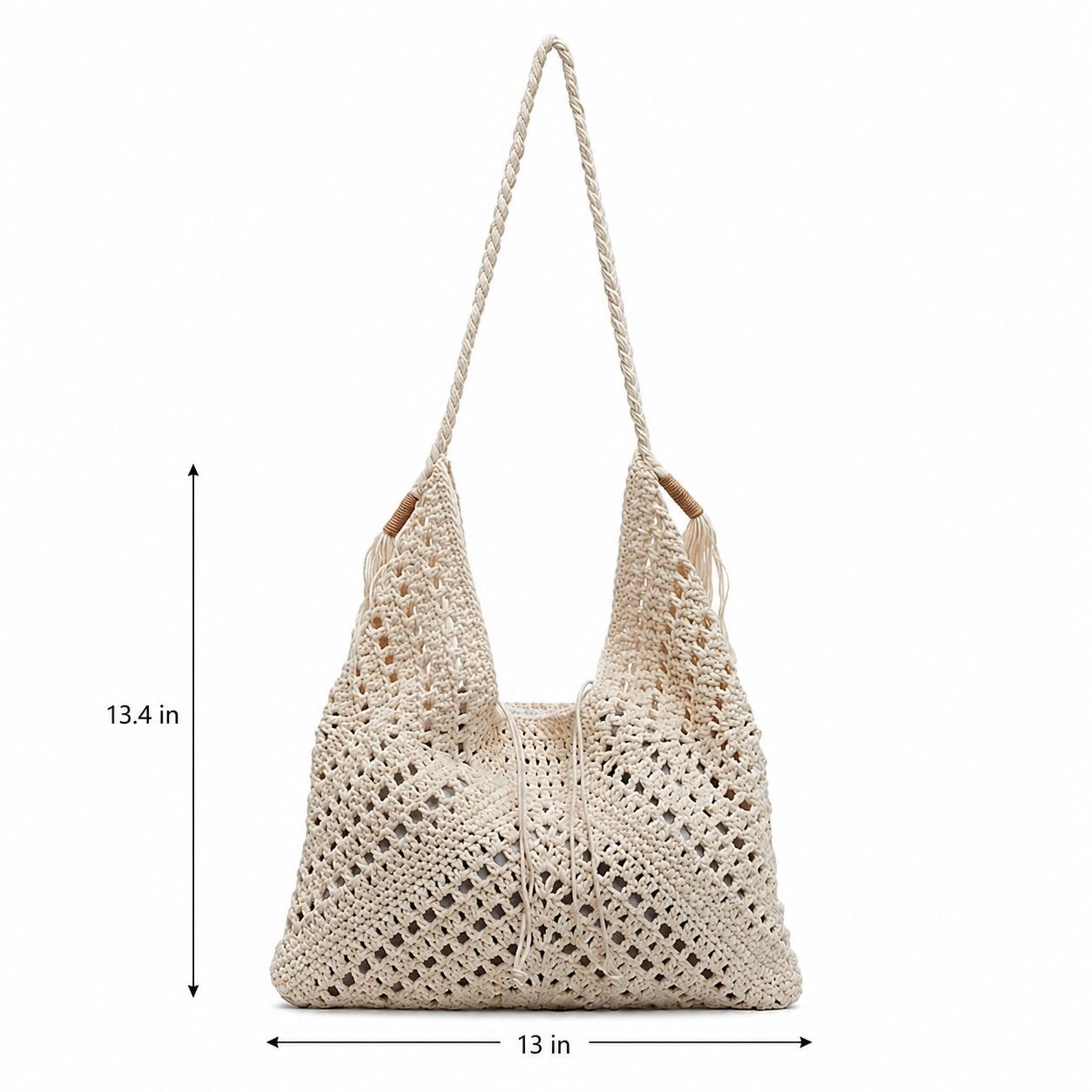 Alilang Women's Woven Crochet Hobo Shoulder Bag with Tassel Detail Soft Knit Slouchy Tote Drawstring Style, Beige