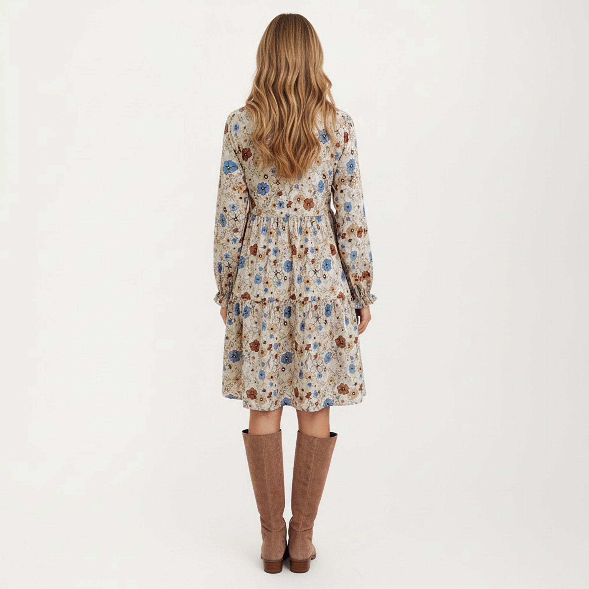 Anna-Kaci Women's Floral Long Sleeve Round Neck Ruffle Hem Tiered Dress