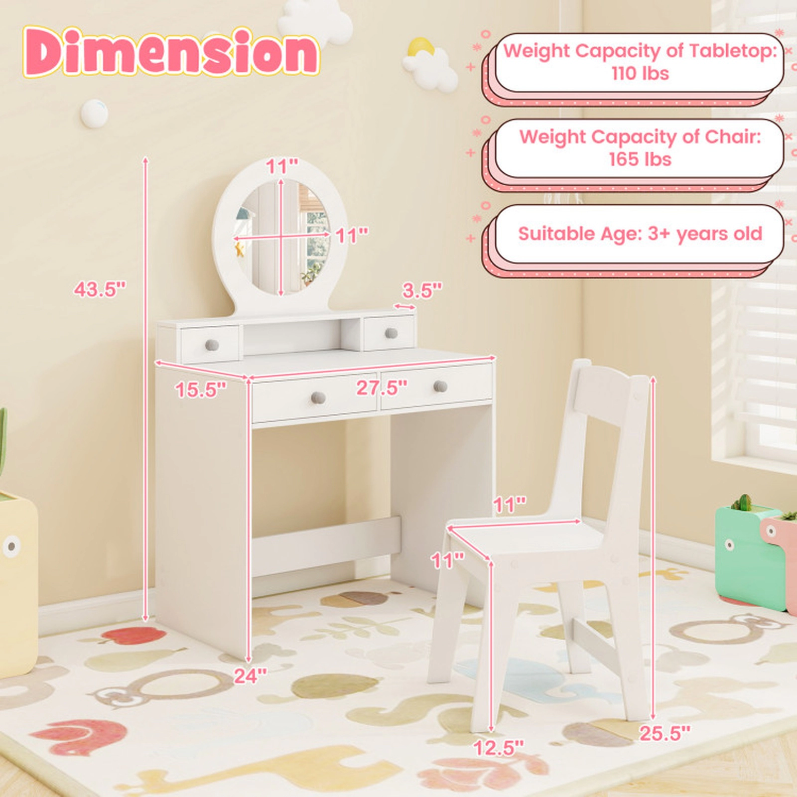 SUGIFT Kids Vanity Table and Chair Set with Acrylic Mirror 110-lb Tabletop 165-lb Chair Capacity Ages 3+ White